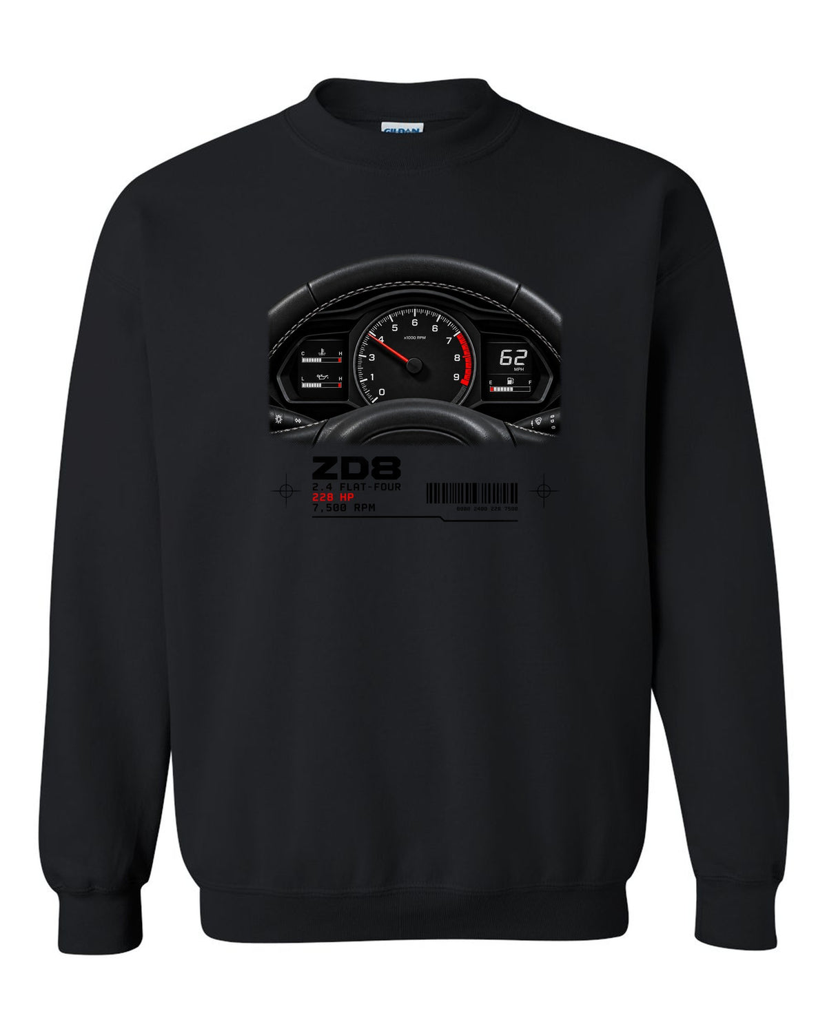 Cockpit gauge cluster print for the Subaru BRZ ZD8 with 2.4 flat-four, 228 HP and 7,500 RPM text black crewneck front view with the design