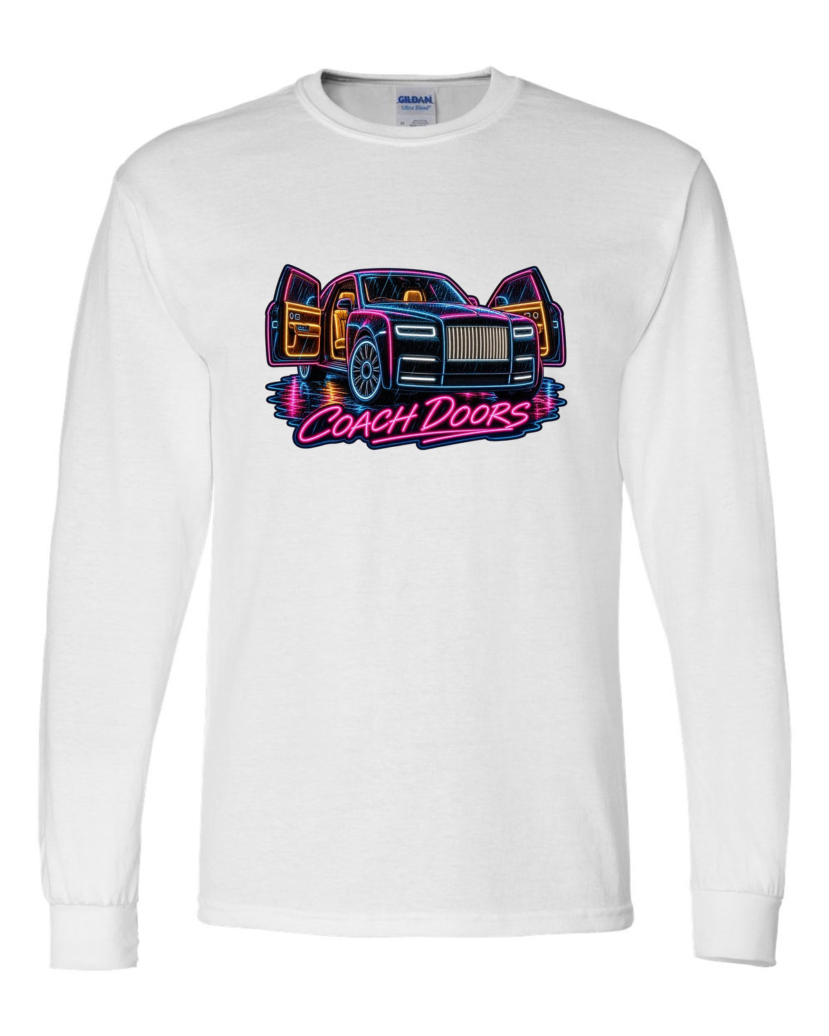 Neon sign style print of a Rolls-Royce Phantom VIII in rain with coach doors lettering white long sleeve front view with the design