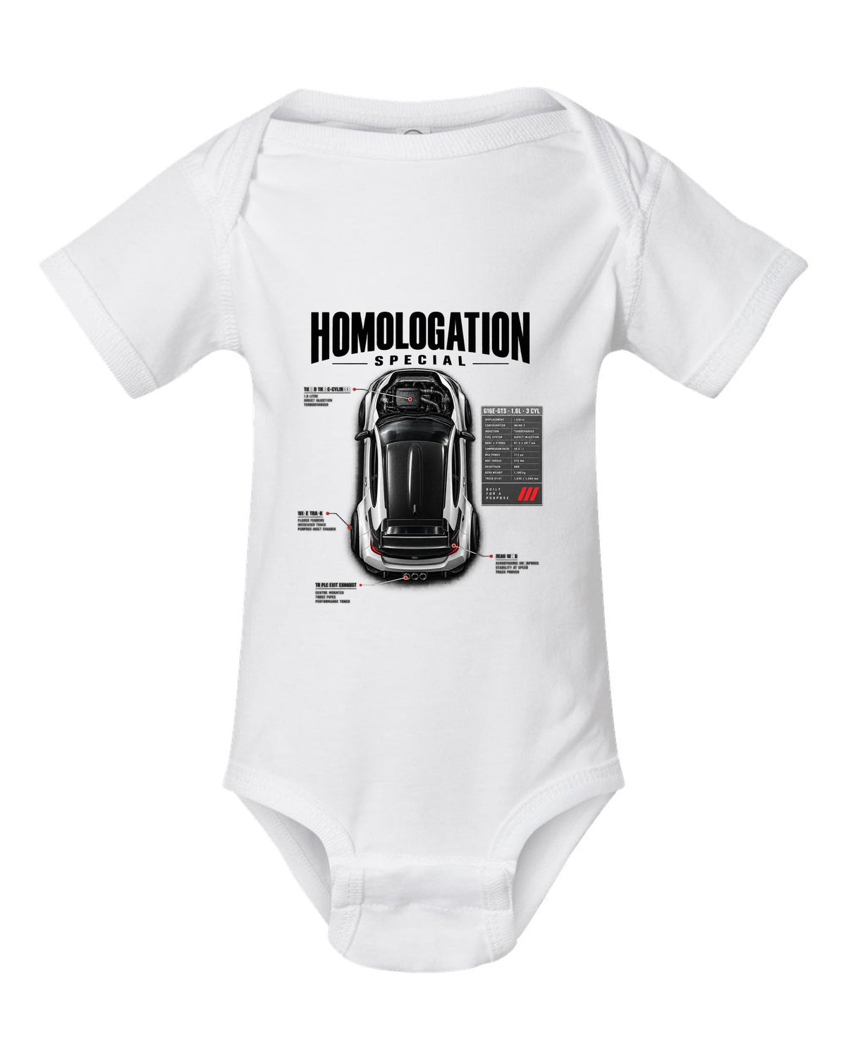 Spec poster style print of a Toyota GR Yaris with G16E-GTS 1.6L 3 cylinder text white baby onesie front view with the design
