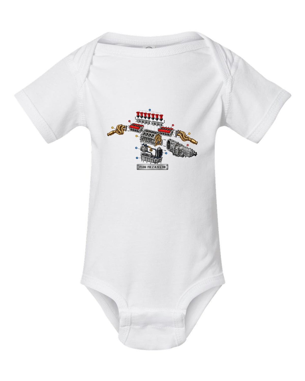 Exploded view of the Ferrari 458 Italia F136 FB V8 with numbered callouts white baby onesie front view with the design