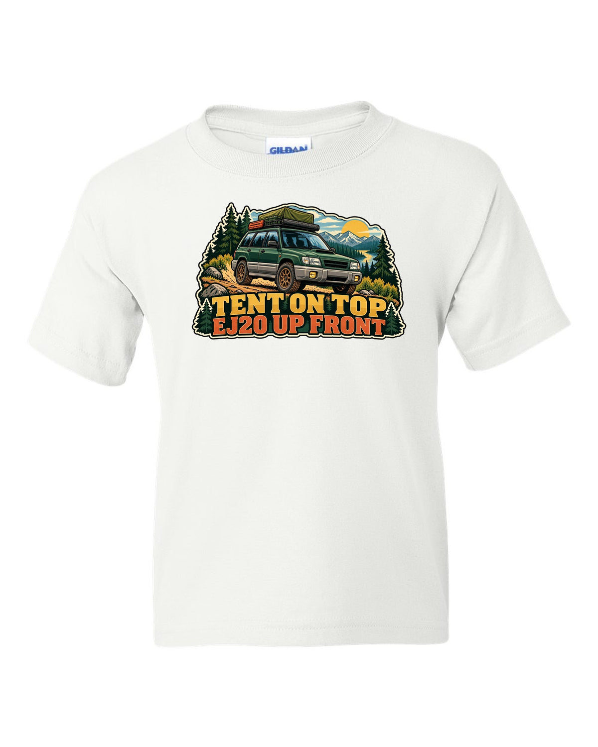 Vintage national park poster illustration of a Subaru Forester SF5 with a roof tent white kids tee front view with the design