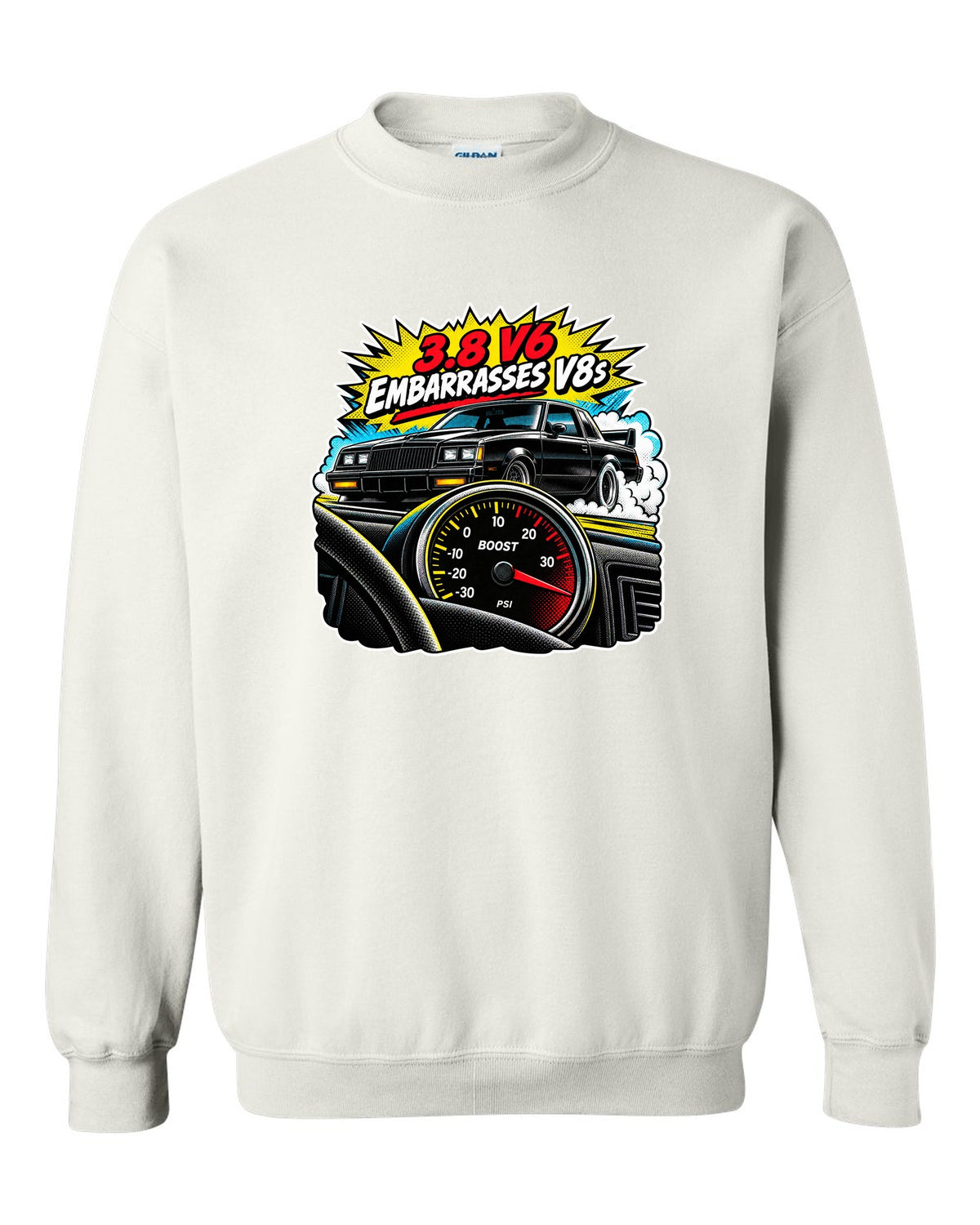 Comic halftone pop-art illustration of a 1987 Buick Grand National with boost gauge and V6 lettering white crewneck front view with the design