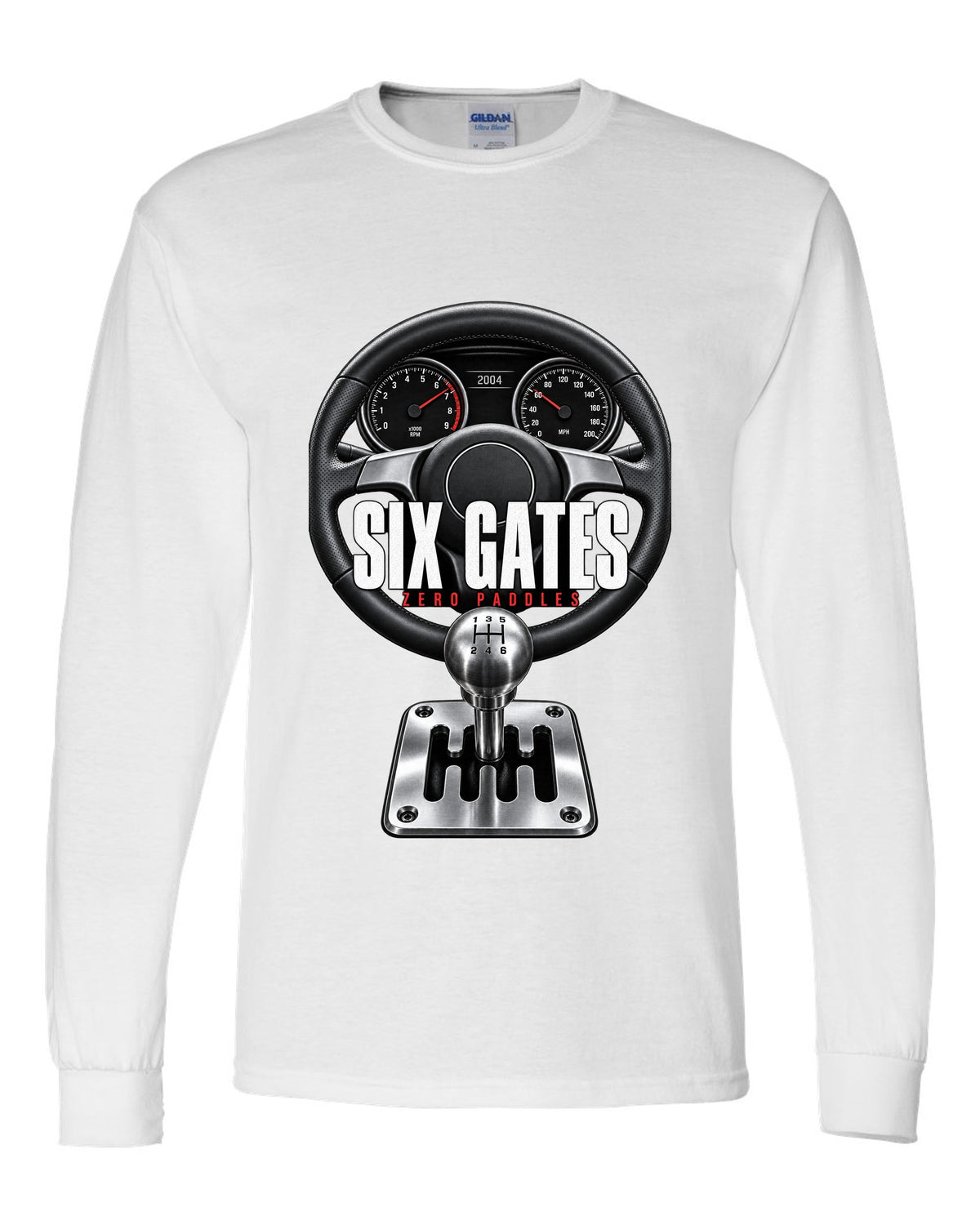 Cockpit print of a Lamborghini Gallardo with gated six-speed shifter and Six Gates text white long sleeve front view with the design