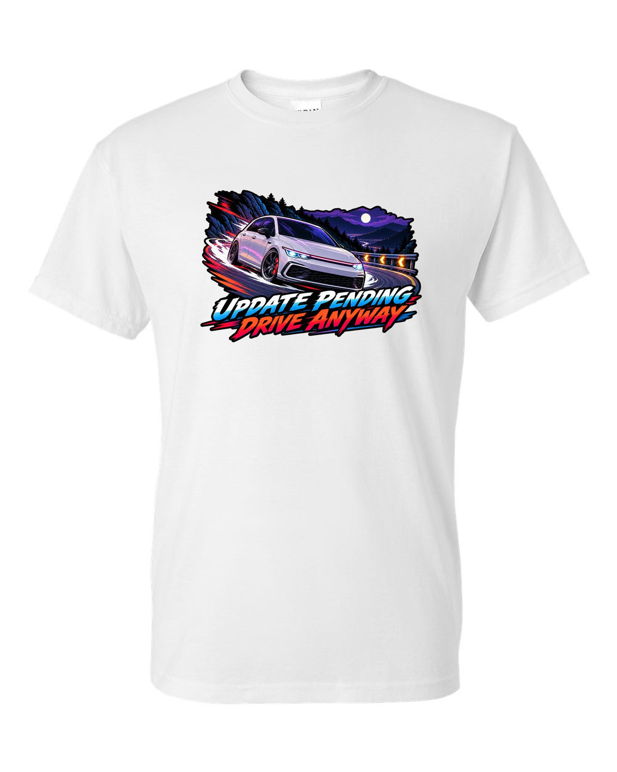 Cel-shaded anime night touge scene of a VW Golf Mk8 GTI with update pending drive anyway text white t-shirt front view with the design