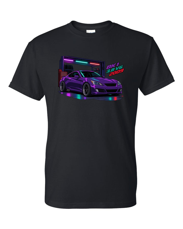 Cel-shaded anime print of a Hyundai Genesis Coupe BK1 in a garage with 3.8 V6 2009 text black t-shirt front view with the design