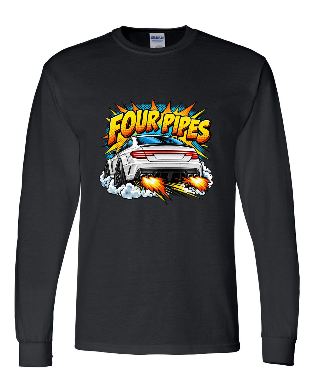 Comic halftone pop-art of the exhaust end of a Mercedes C63 Coupe C204 black long sleeve front view with the design