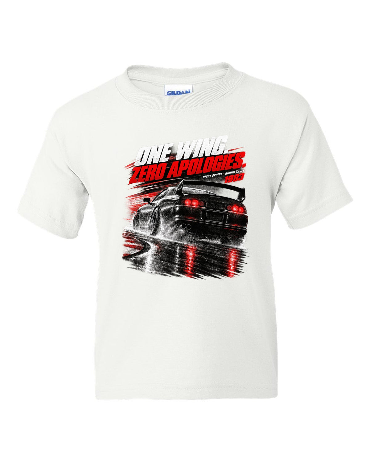 Race poster print of a Toyota Supra A80 JZA80 rear with the text One Wing Zero Apologies Round Three white kids tee front view with the design