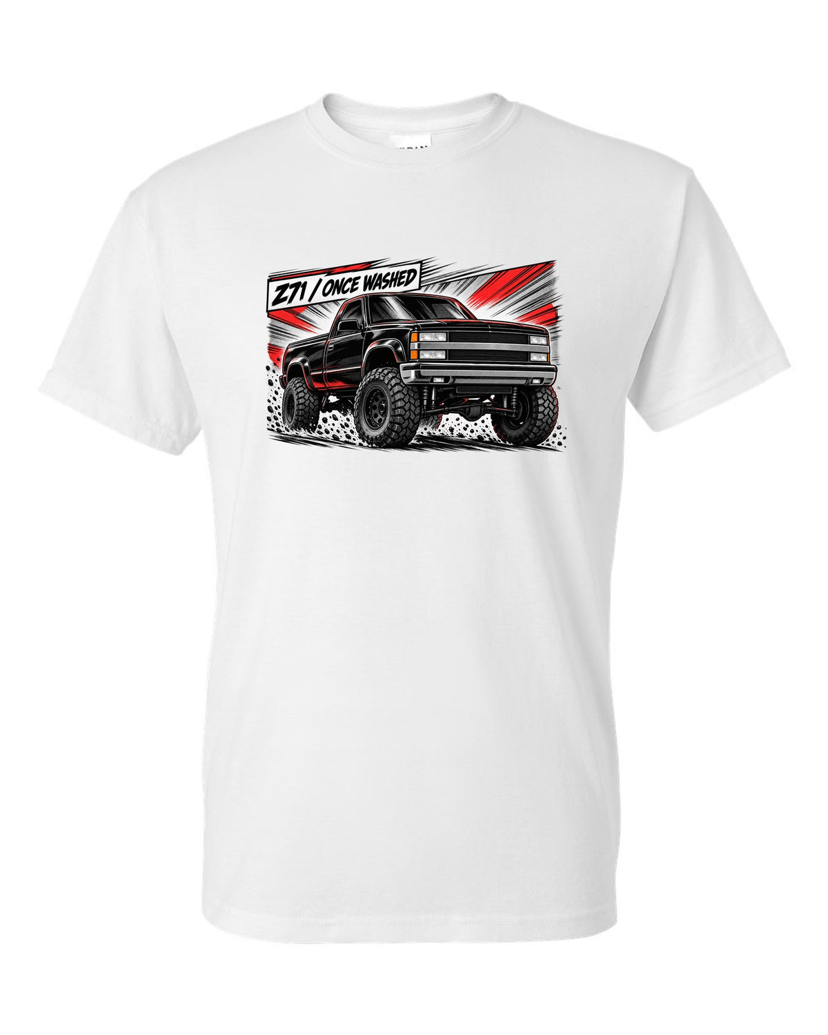Retro manga halftone panel print of a 1988-98 Chevrolet GMT400 K1500 Z71 OBS with Z71 once washed lettering white t-shirt front view with the design