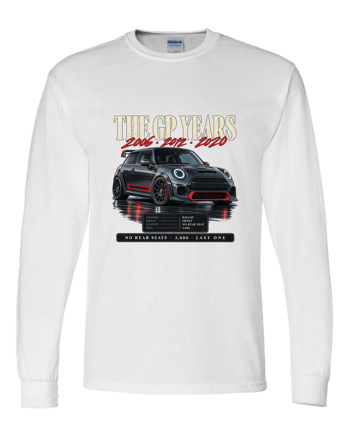 Archive panel print of a Mini Cooper JCW GP F56 with the years 2006, 2012 and 2020 white long sleeve front view with the design