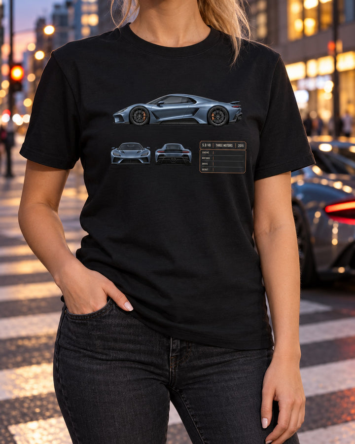 Koenigsegg Regera Three-View Spec Sheet Shirt, Hybrid Car Tee T-Shirt Black worn hero