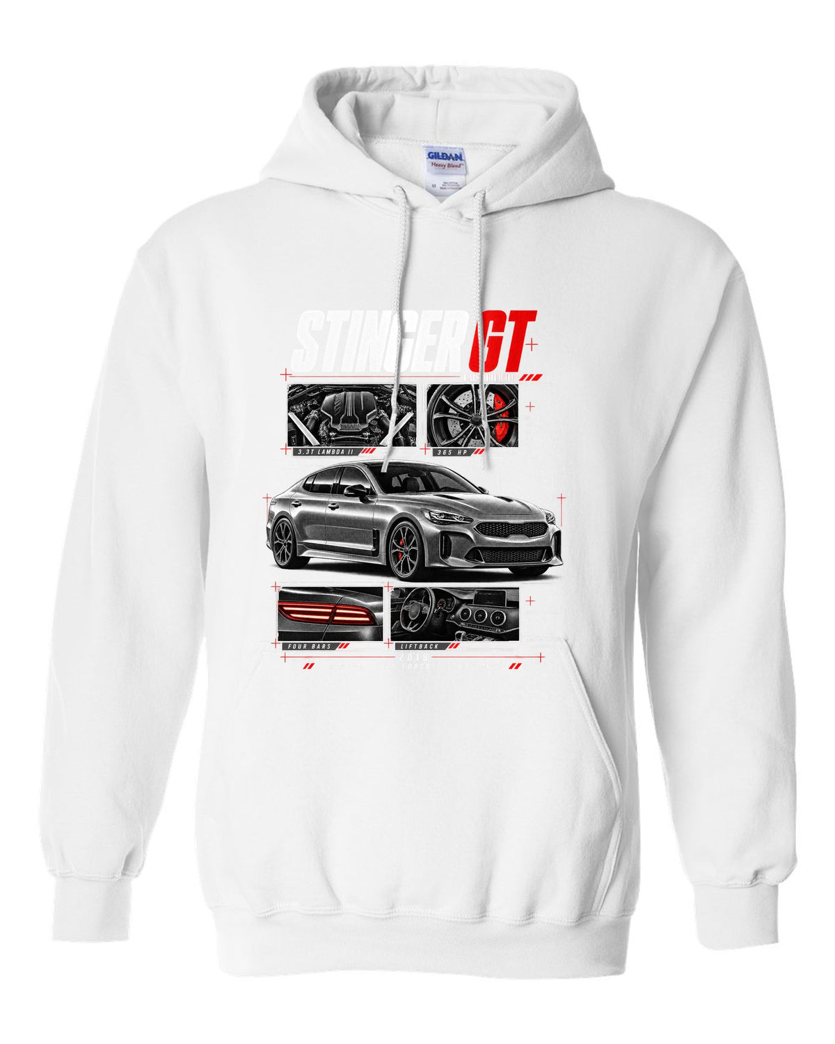 Kia Stinger GT dossier panels with 3.3T engine and liftback details white pull over hoodie front view with the design