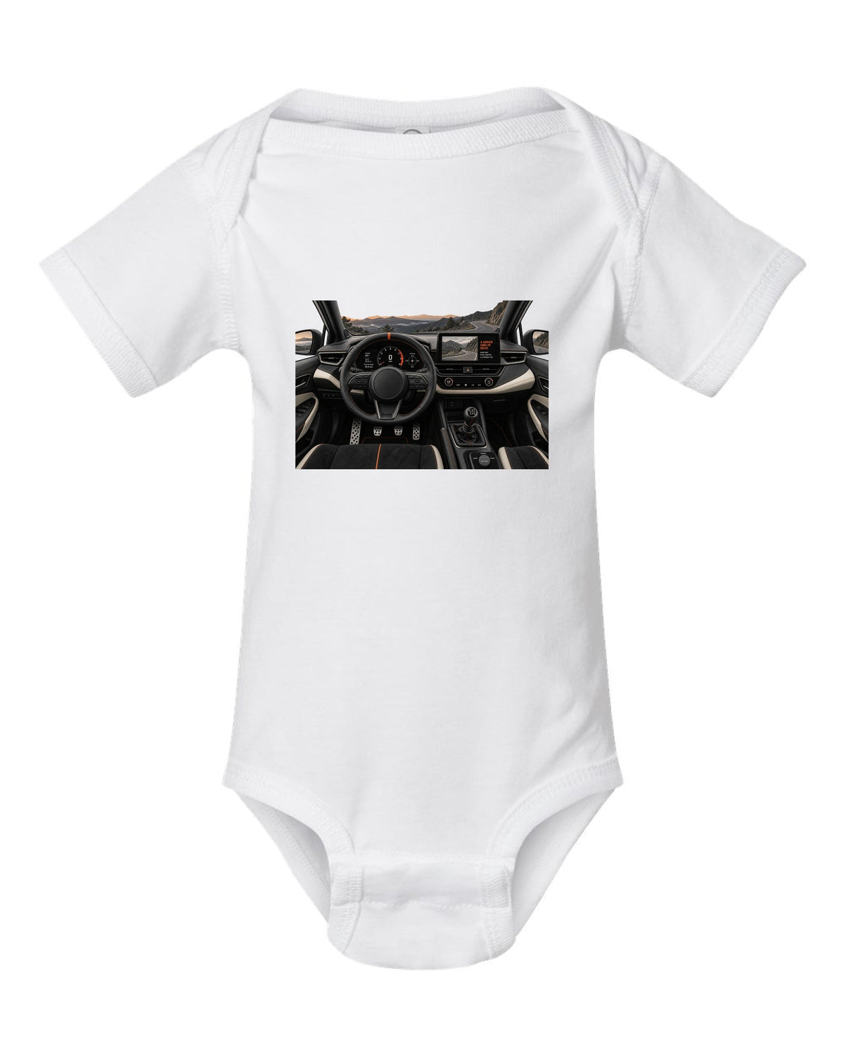 Toyota GR Corolla Morizo Edition at night on a touge-style road with spec text white baby onesie front view with the design