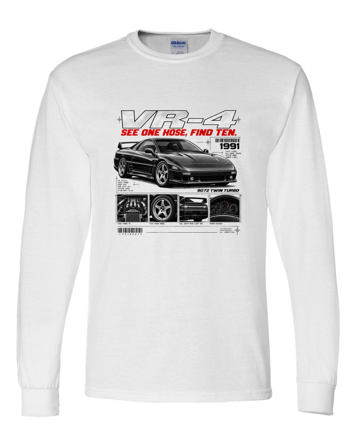 Mitsubishi 3000GT VR-4 Z16A dossier panel print with 6G72 twin turbo text white long sleeve front view with the design