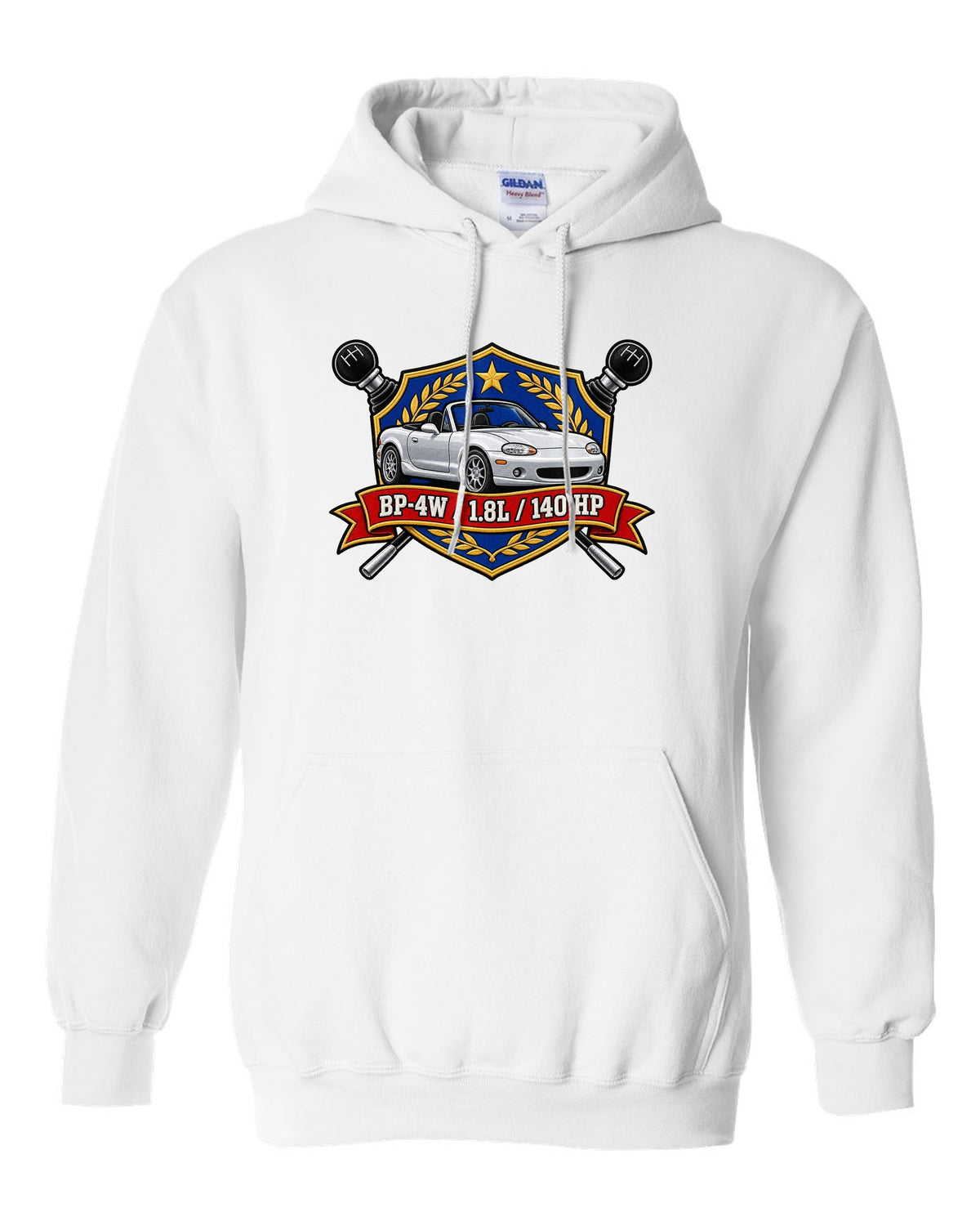 Embroidery-style shield crest of a Mazda MX-5 NB with BP-4W 1.8L 140 HP text white pull over hoodie front view with the design