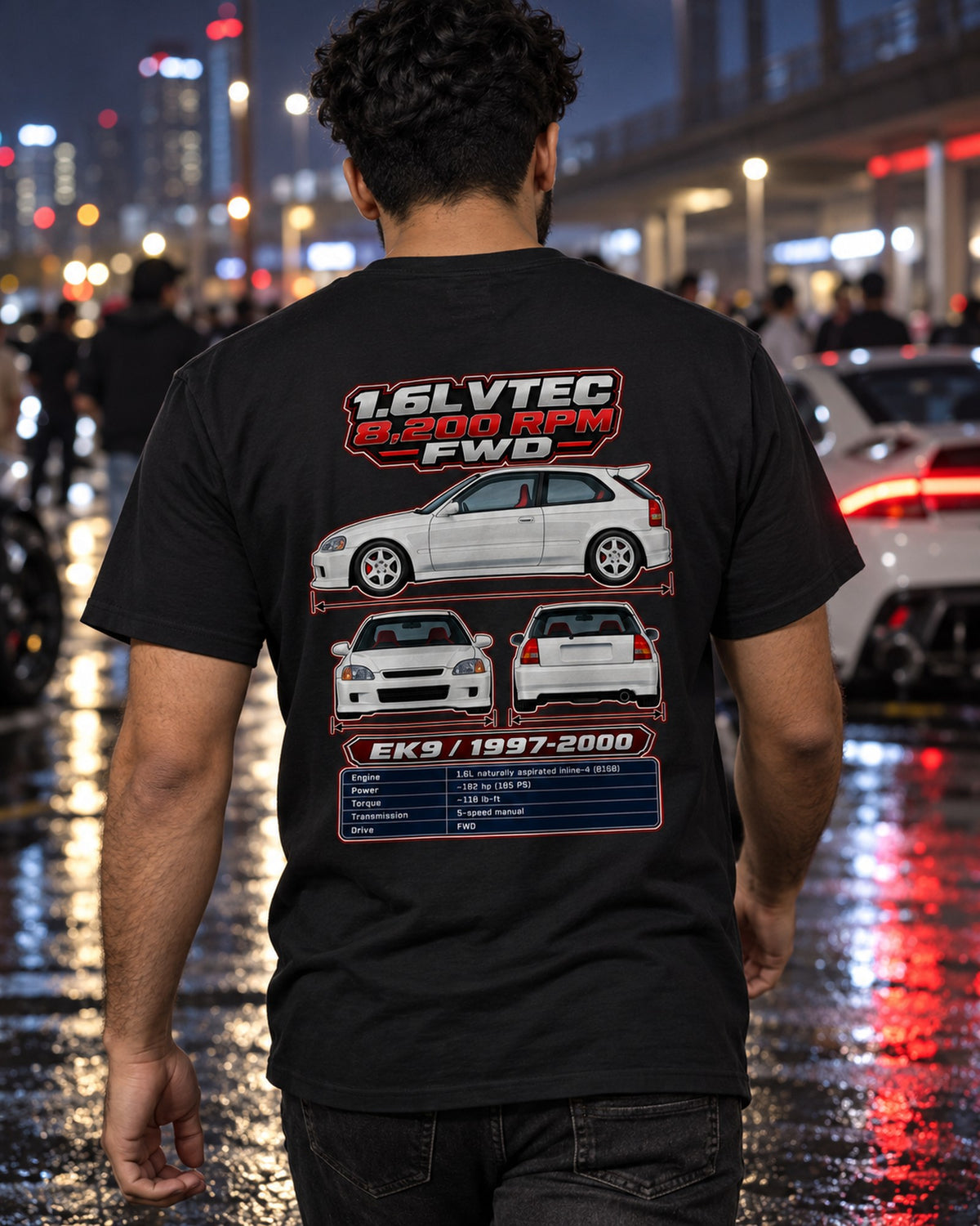 Honda Civic Type R Ek9 Spec Sheet Full-Back Graphic Tee T-Shirt Black worn hero
