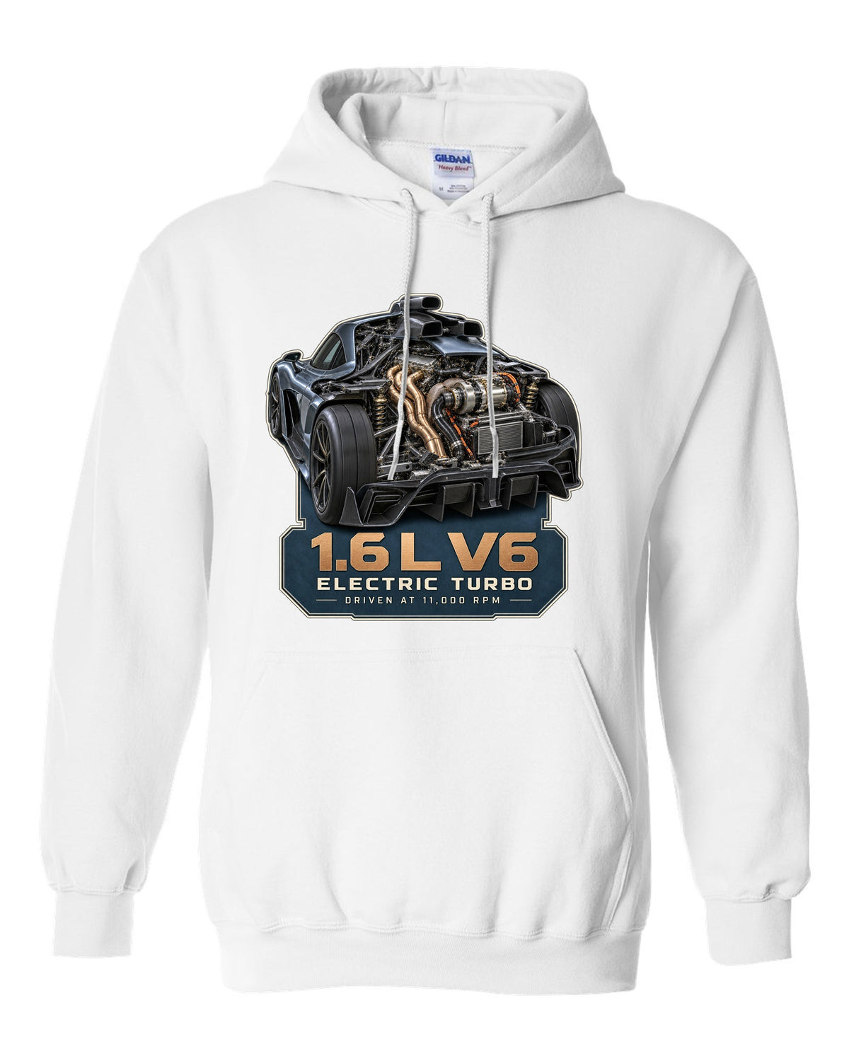 Mercedes-AMG One 1.6 L V6 hybrid power unit engine illustration white pull over hoodie front view with the design