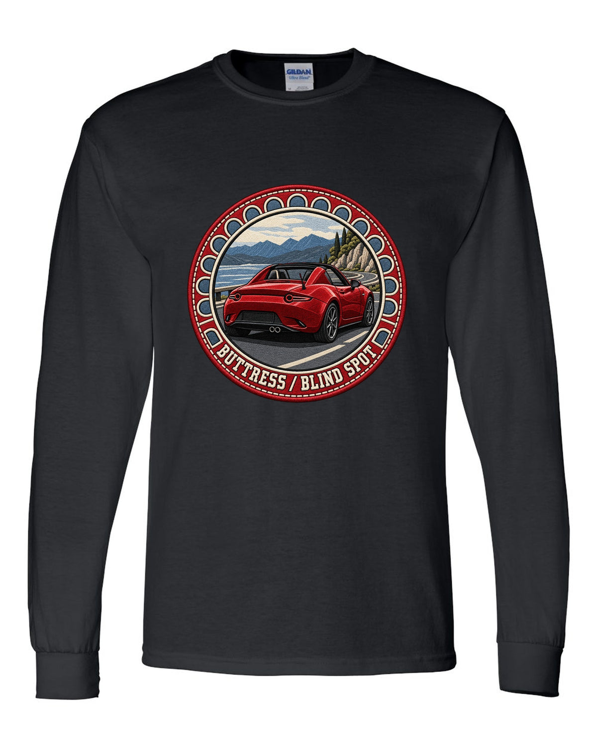 Embroidery-style roundel crest of a Mazda MX-5 ND RF fastback with blind spot text black long sleeve front view with the design