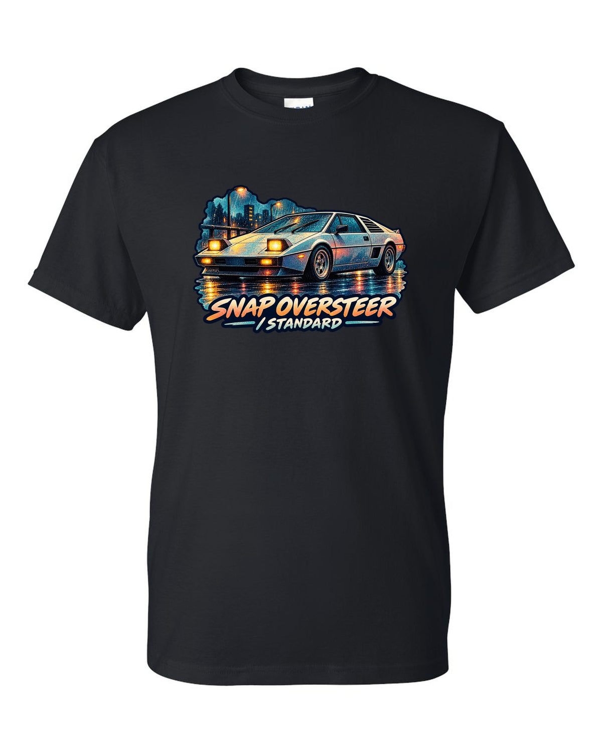 Watercolour wash of a Toyota MR2 AW11 driving in rain with oversteer slogan black t-shirt front view with the design