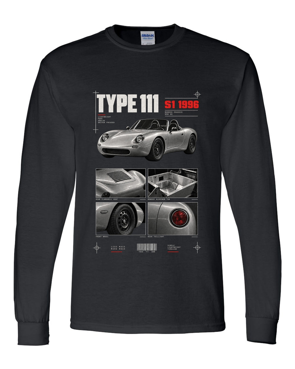 Dossier panel print of a 1996 Lotus Elise S1 Type 111 with bonded aluminium chassis black long sleeve front view with the design