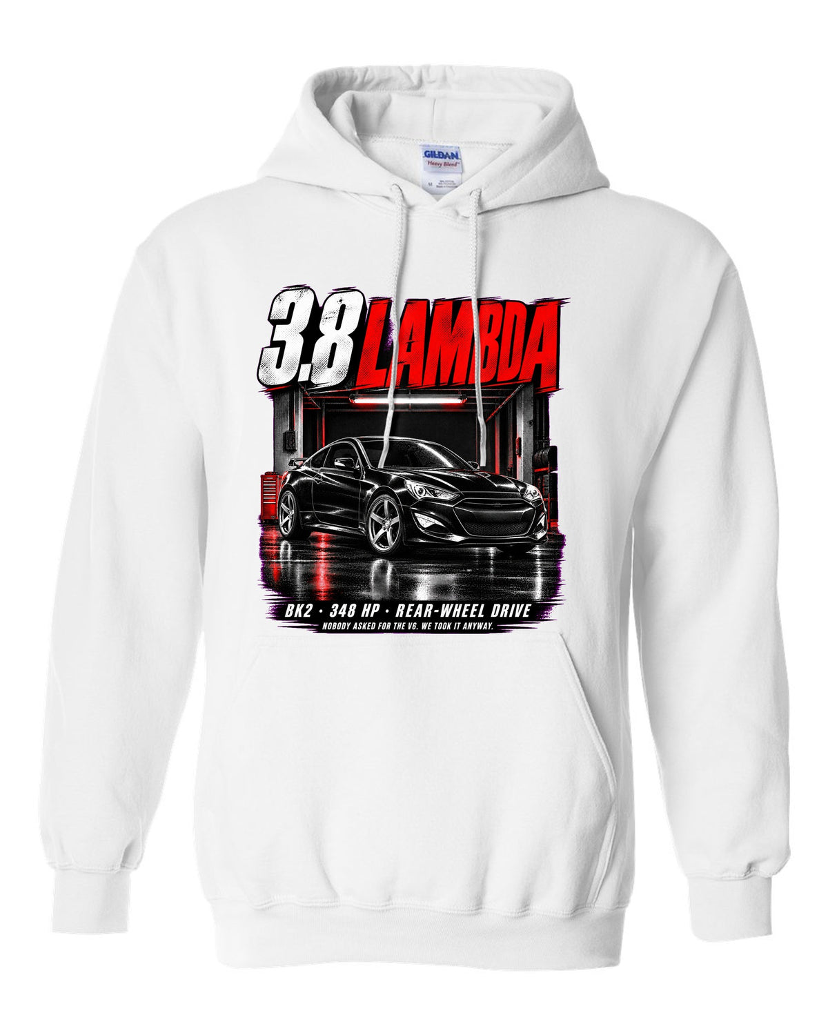 Hyundai Genesis Coupe BK2 3.8 Track in a garage at night with spec text white pull over hoodie front view with the design