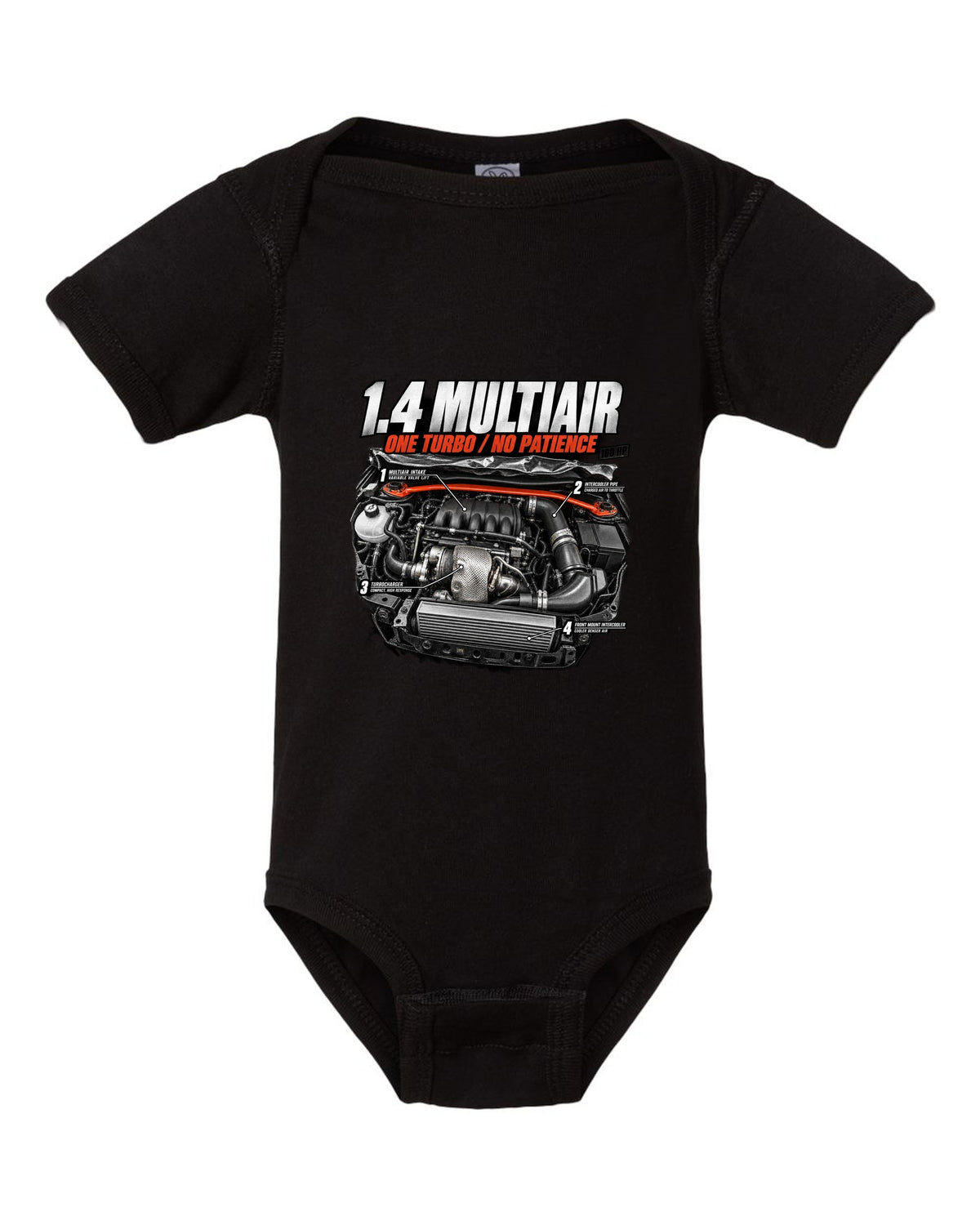 Engine hero print of the Fiat 500 Abarth 1.4 MultiAir turbo with 160 HP text black baby onesie front view with the design