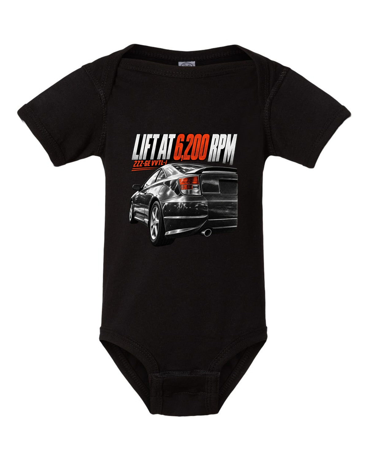 Taillight macro print of a Toyota Celica T230 ZZT231 with Lift At 6,200 RPM and 2ZZ-GE VVTL-i text black baby onesie front view with the design