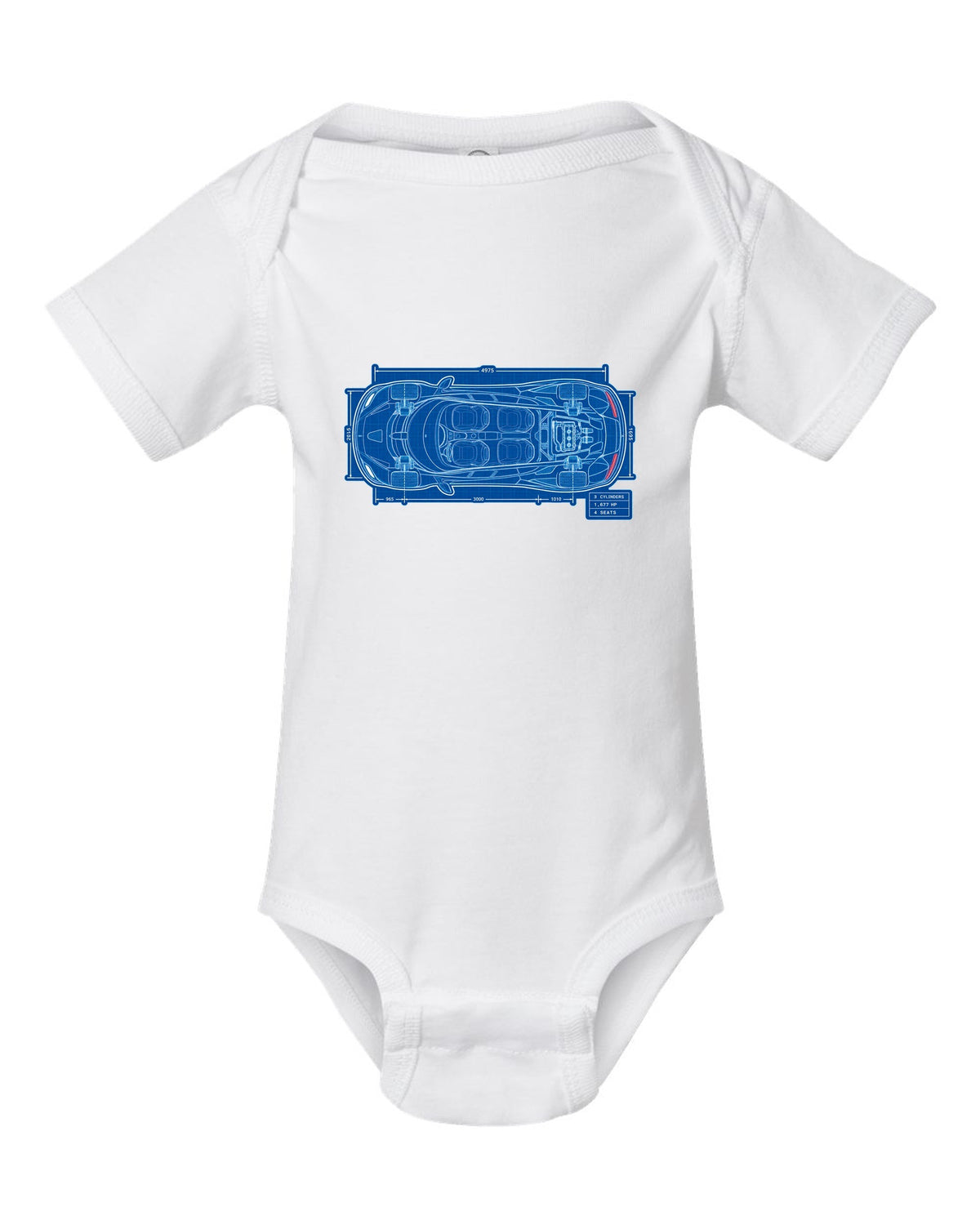 Technical blueprint print of the Koenigsegg Gemera seen from above with 3 cylinders and 4 seats lettering white baby onesie front view with the design