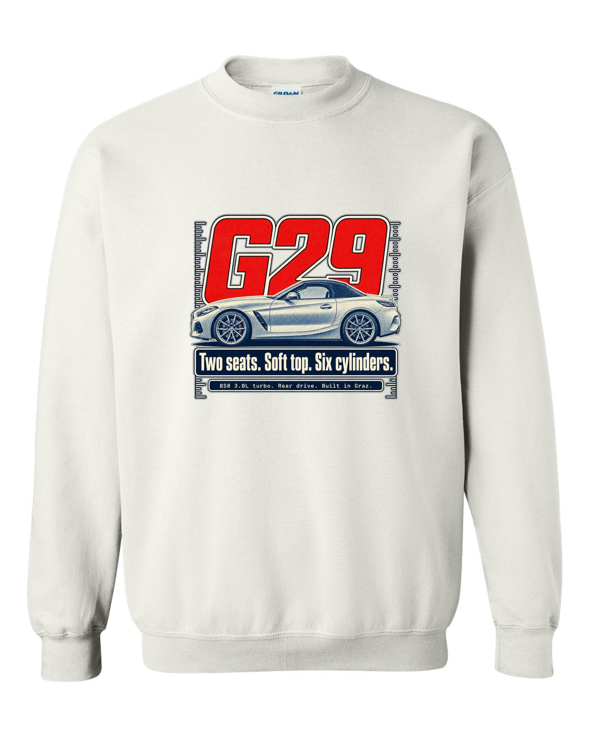 Halftone print of the BMW Z4 G29 roadster with two seats and six cylinders text white crewneck front view with the design