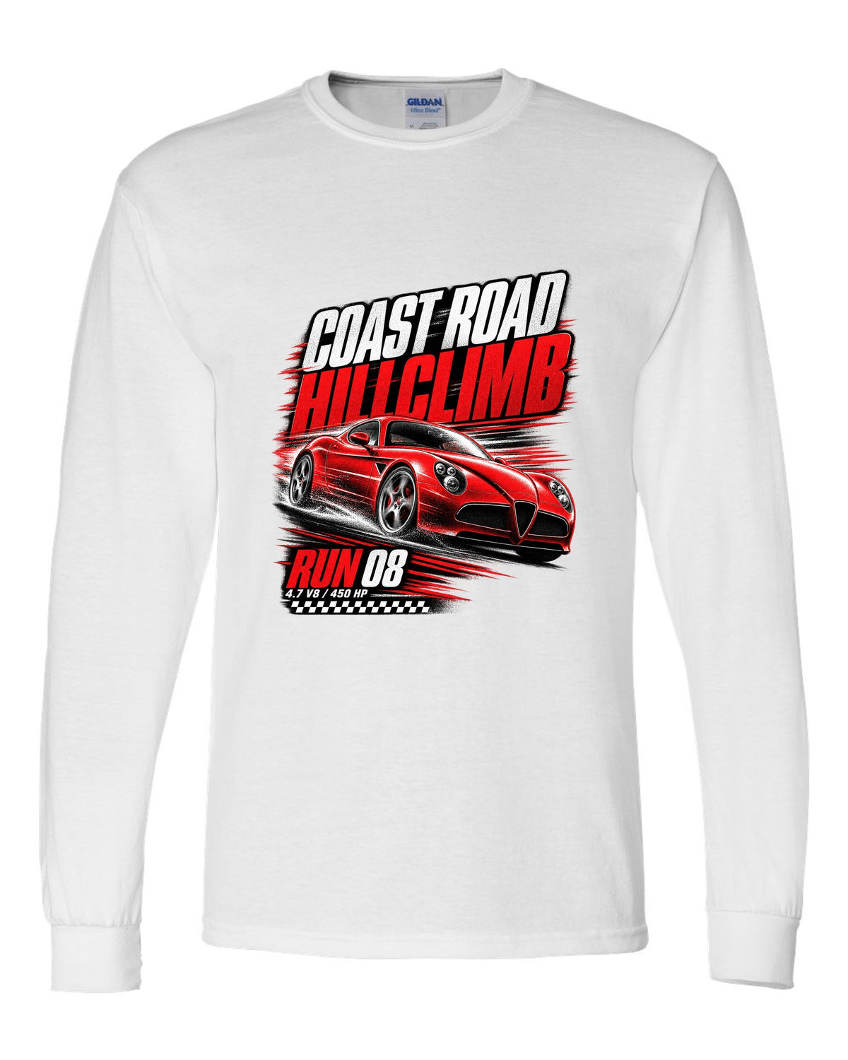 Hillclimb race poster print of an Alfa Romeo 8C Competizione with coast road and 4.7 V8 text white long sleeve front view with the design