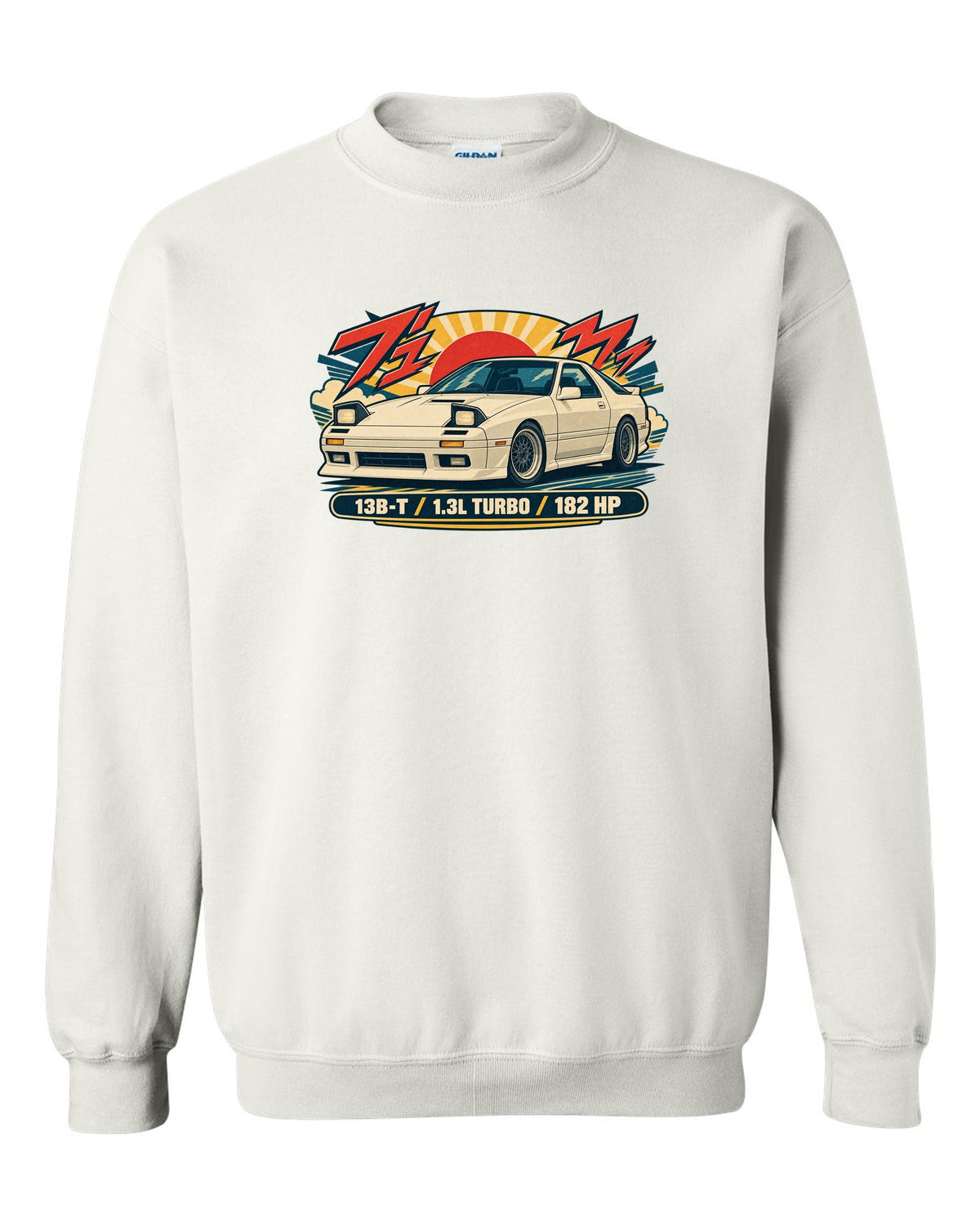 Risograph style overhead print of a Mazda MX-5 ND with the text ND 50:50 white crewneck front view with the design