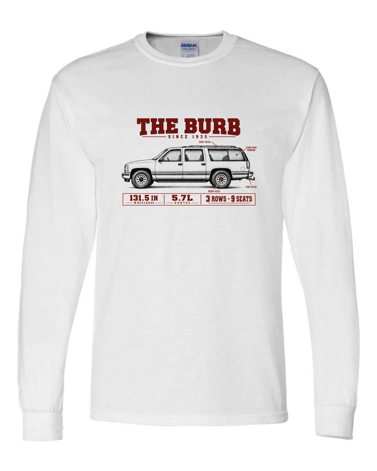 1992-99 Chevy Suburban GMT400 spec poster print white long sleeve front view with the design