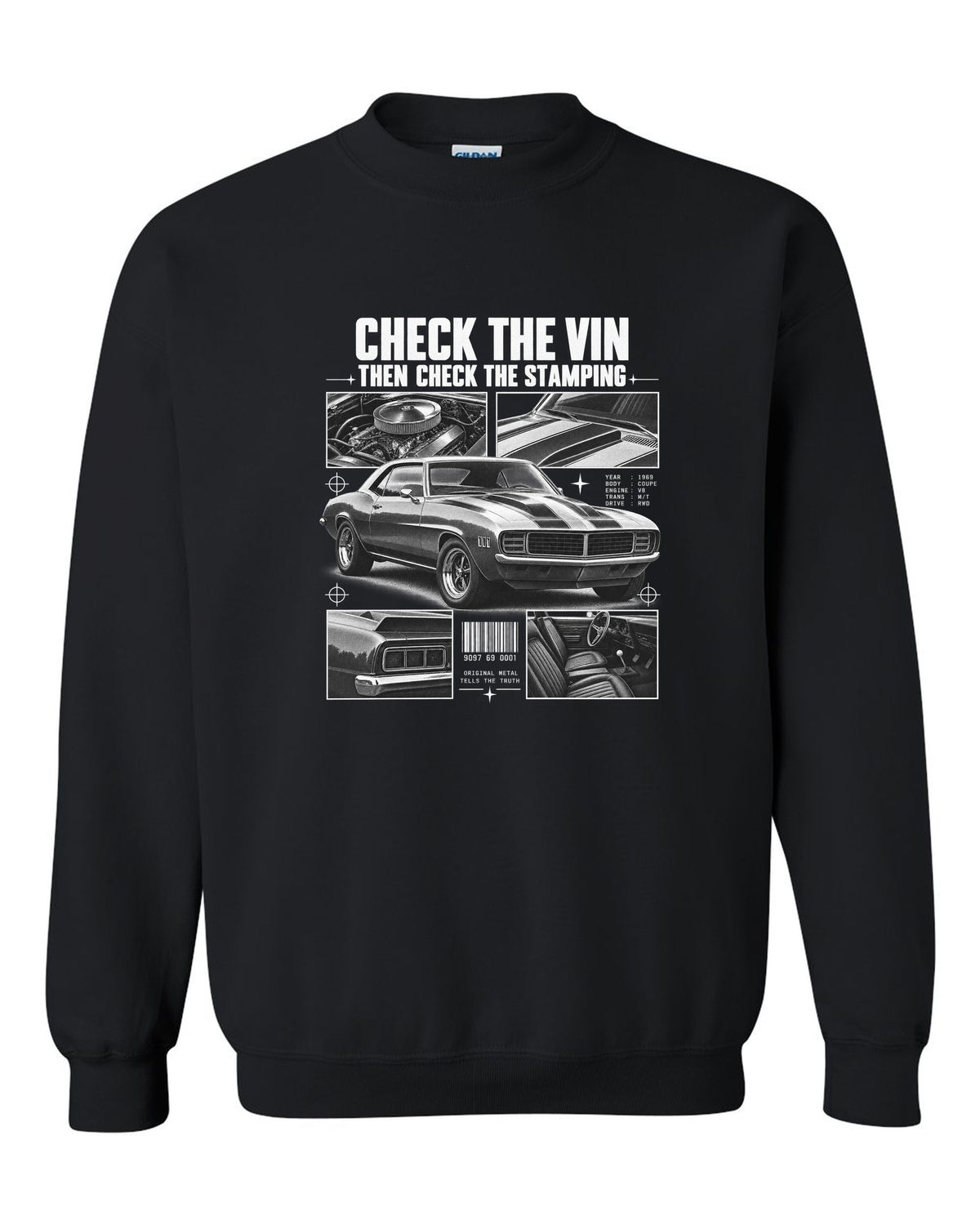 Dossier-panel print of a 1969 Chevrolet Camaro with check the VIN and stamping text black crewneck front view with the design