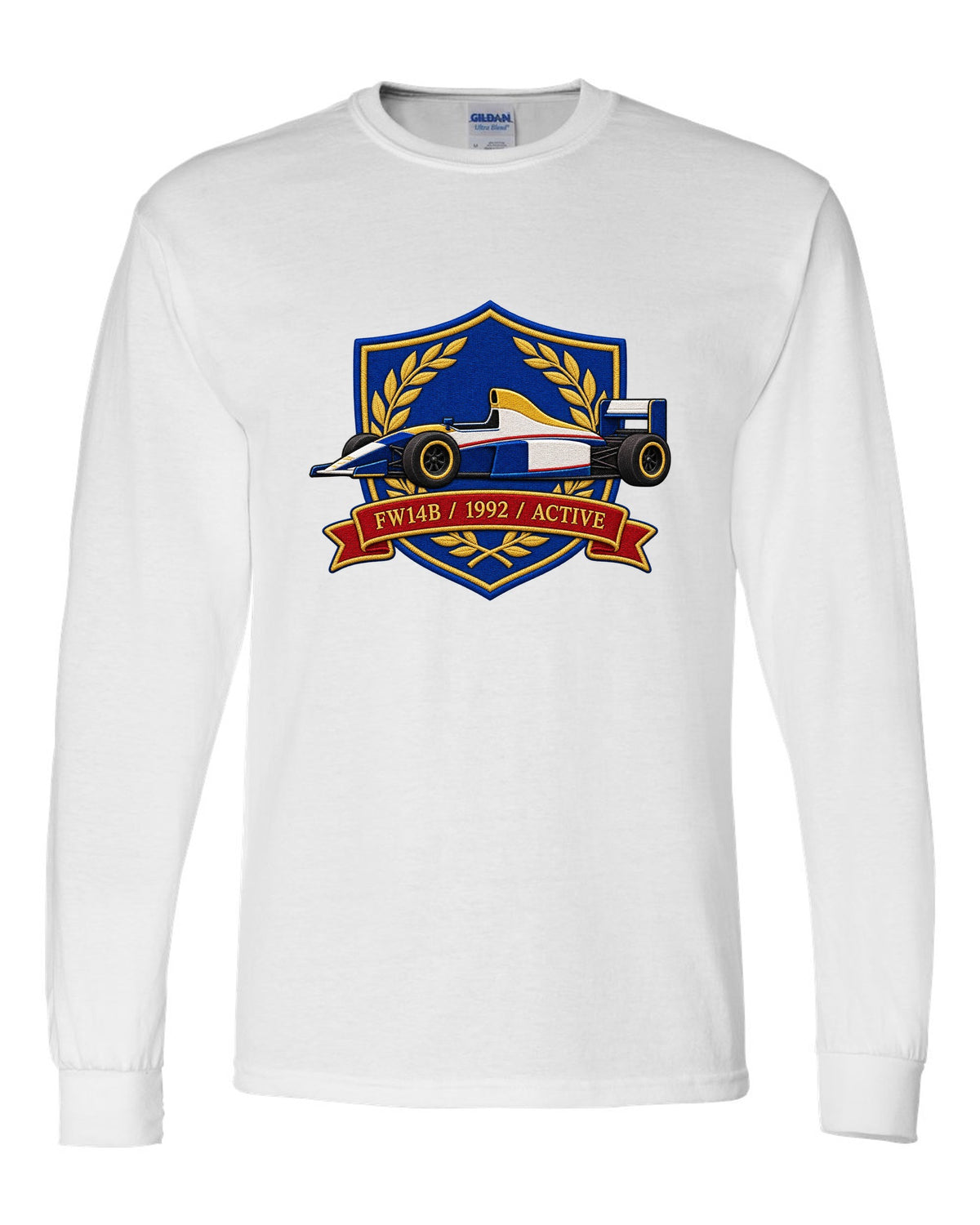 Varsity crest style Williams FW14B Formula 1 car with 1992 ACTIVE lettering white long sleeve front view with the design