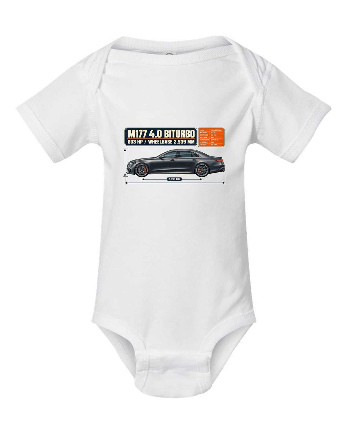 Dimension blueprint print of a graphite grey Mercedes-AMG E63 S W213 sedan white baby onesie front view with the design