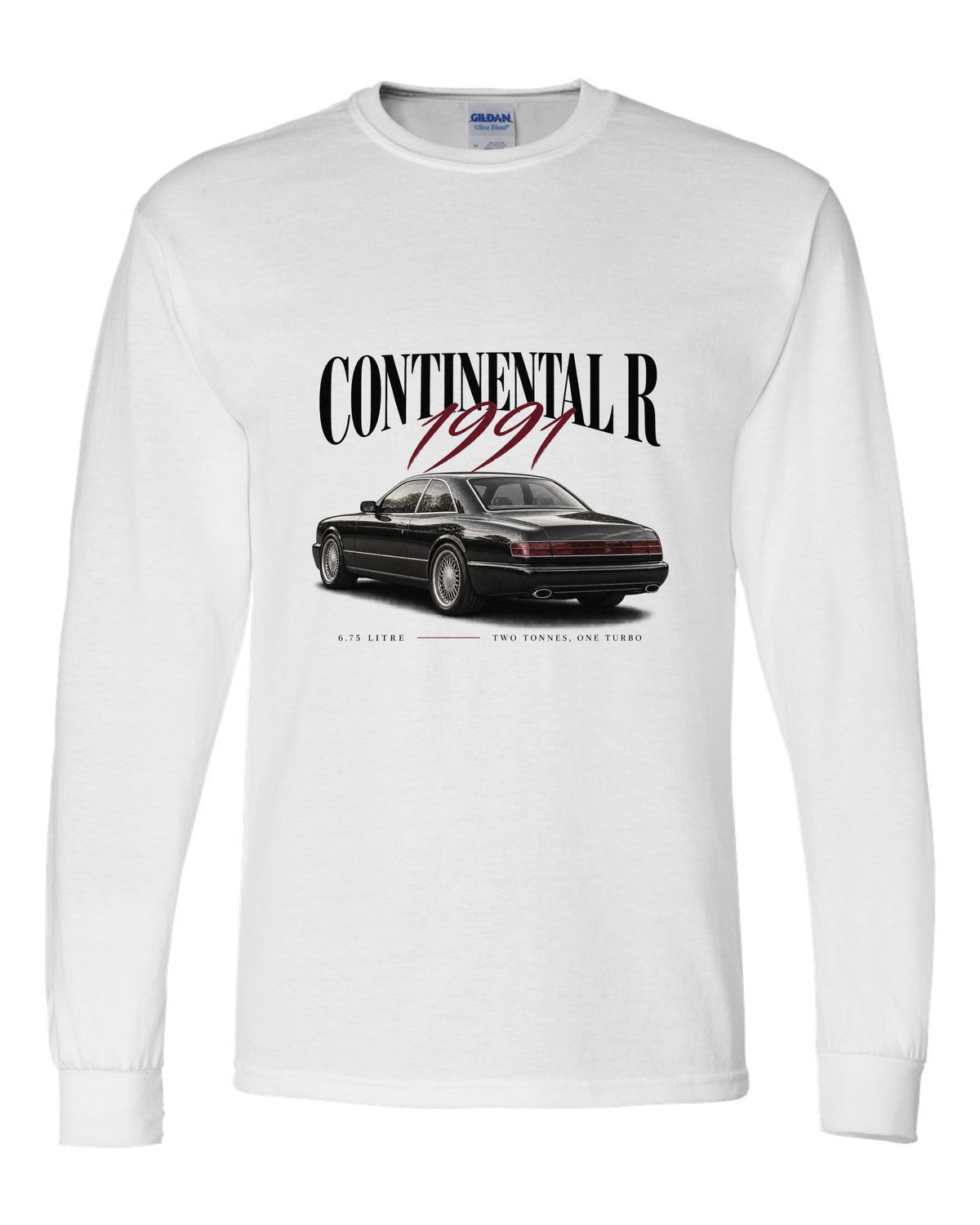 Bentley Continental R editorial headline print white long sleeve front view with the design