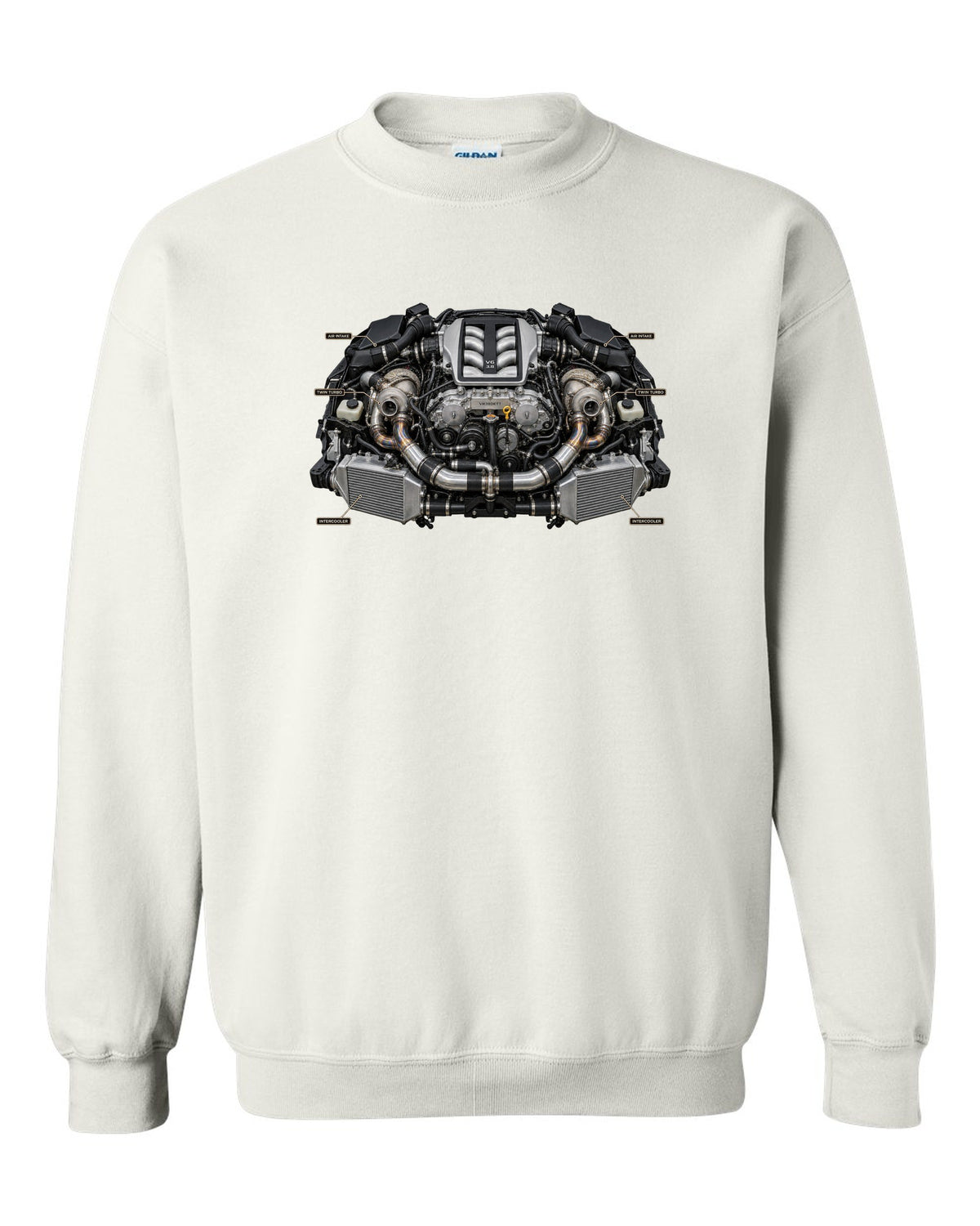 Nissan GT-R R35 Nismo three-view spec table print in graphite grey and red white crewneck front view with the design