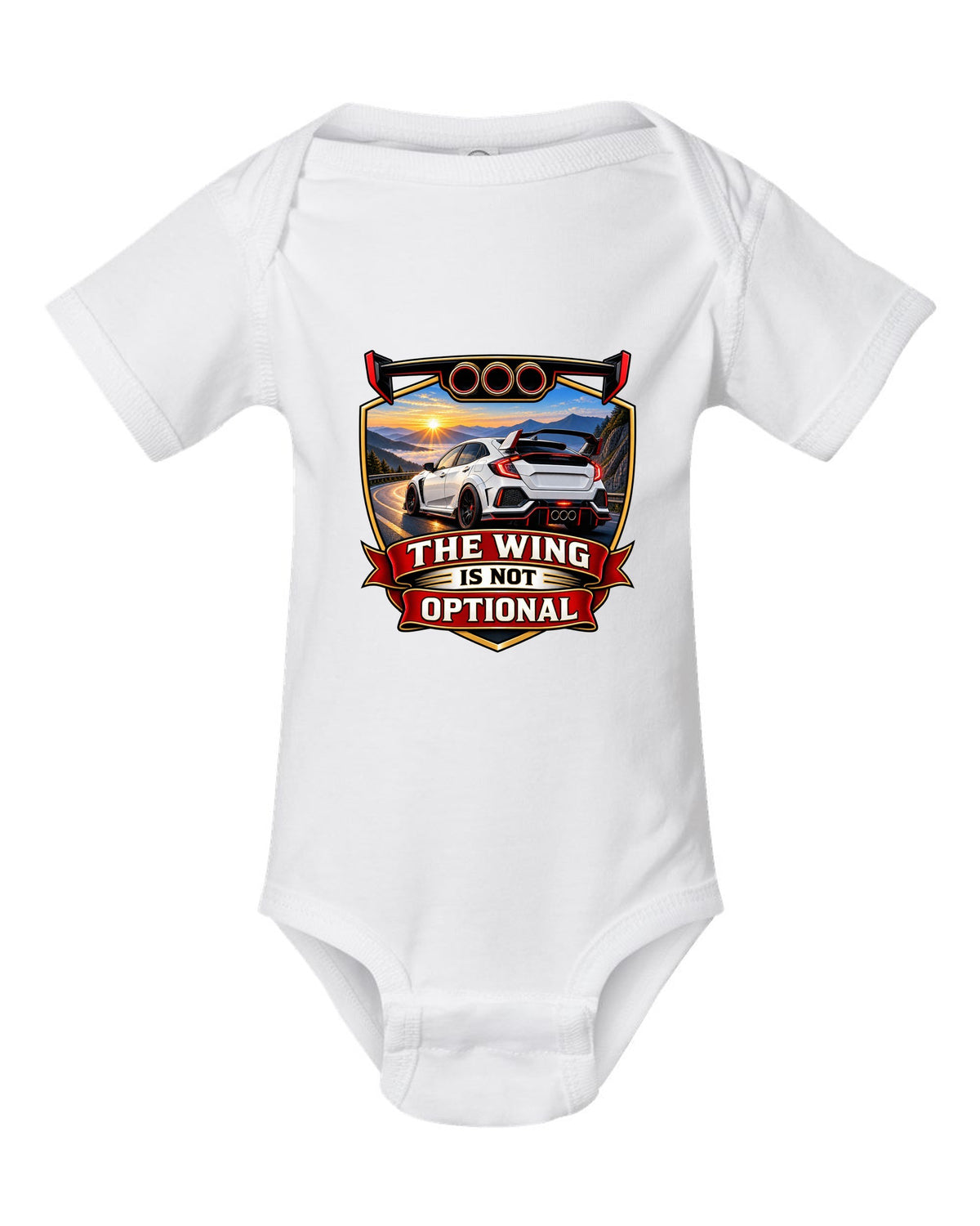 Racing shield print of a Honda Civic Type R FK8 ch with the wing is not optional text white baby onesie front view with the design