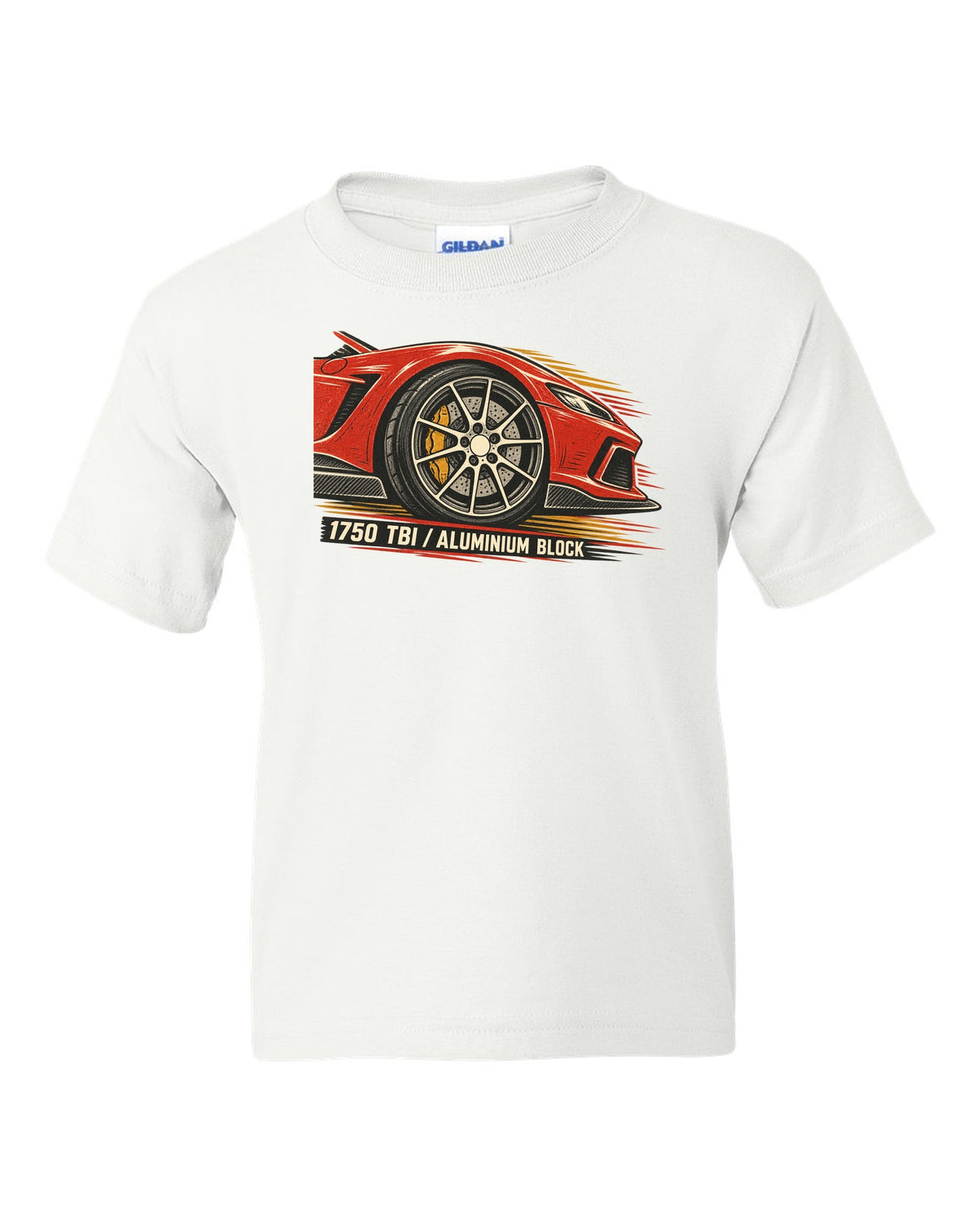Multi-ink linocut illustration of an Alfa Romeo 4C with 1750 TBI aluminium block text white kids tee front view with the design