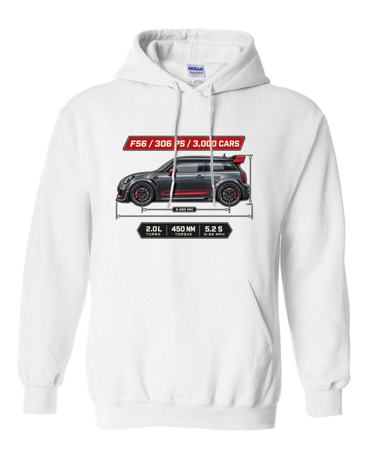 Dimension blueprint print of the Mini JCW GP F56 2020 with 306 PS and 3,000 cars text white pull over hoodie front view with the design