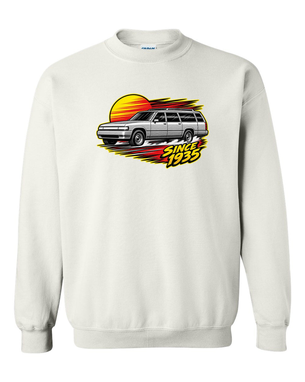 Retro manga halftone panel print of a 1992-1999 Chevrolet Suburban GMT400 with Since 1935 text white crewneck front view with the design