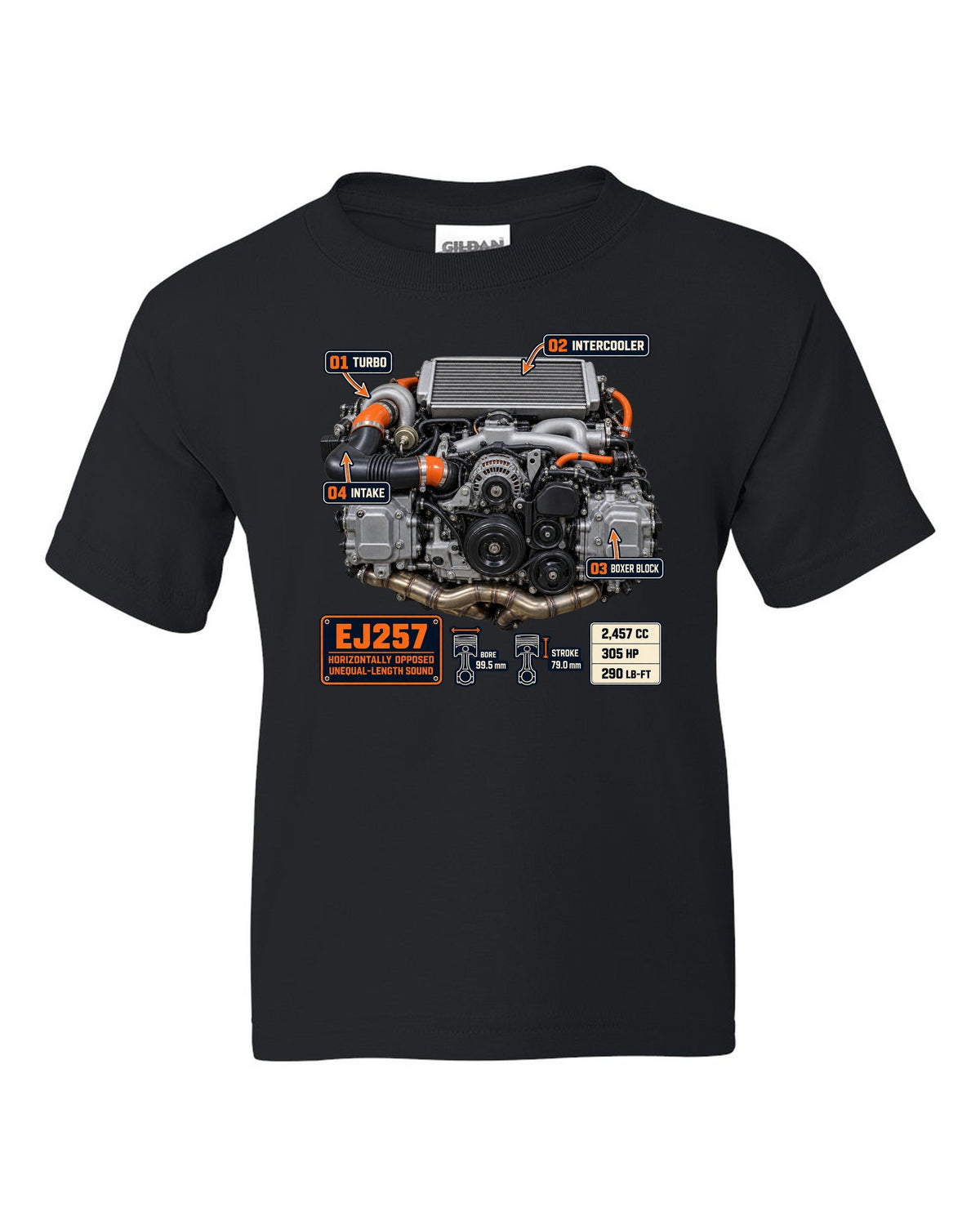 Poster-style print of a Subaru EJ257 boxer engine from the WRX STI VA with technical callouts black kids tee front view with the design