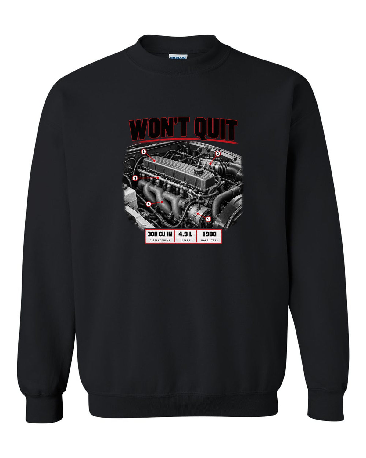 Engine print of a 1987-91 Ford F-150 Brick-Nose 4.9 inline six with 300 cu in text black crewneck front view with the design