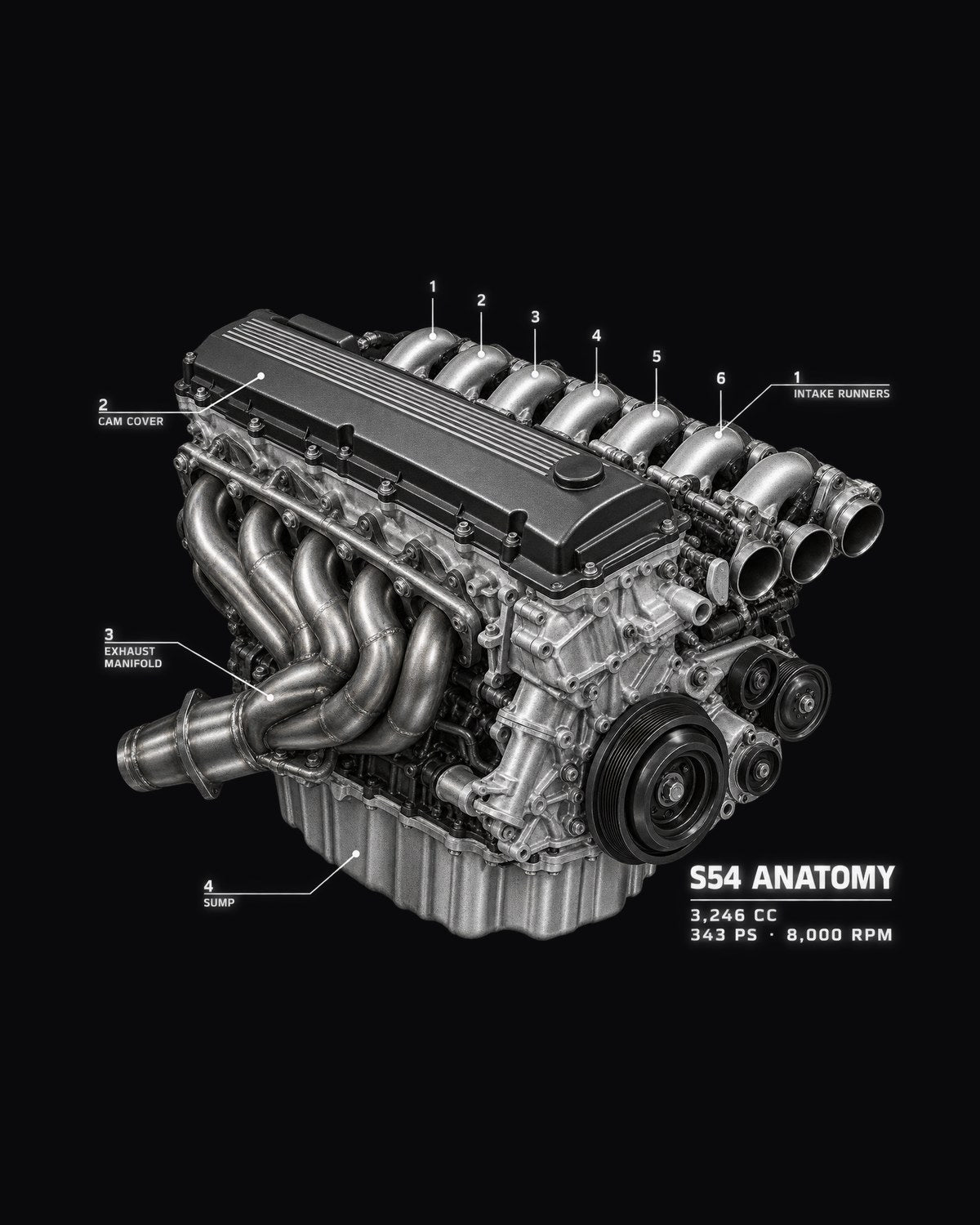 BMW E46 M3 S54 Engine Anatomy Shirt, 343 PS 8,000 RPM design only