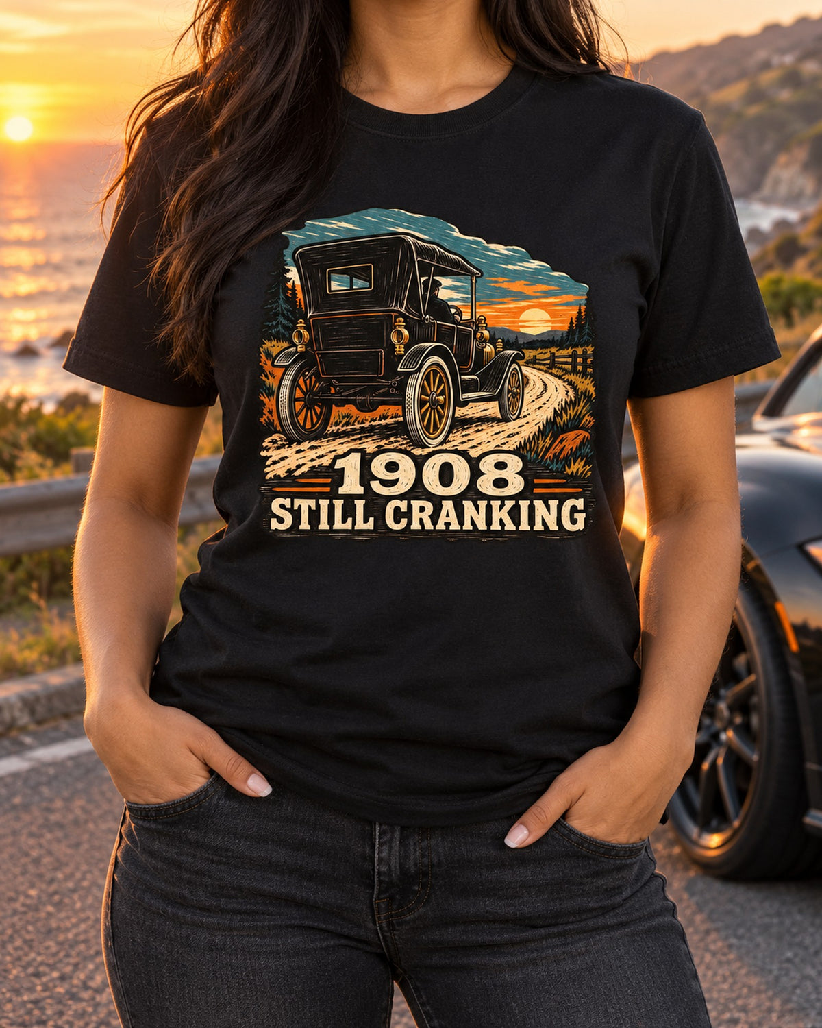 Ford Model T Woodcut Tee, Tin Lizzie Still Cranking, 1908-1927 T-Shirt Black worn hero