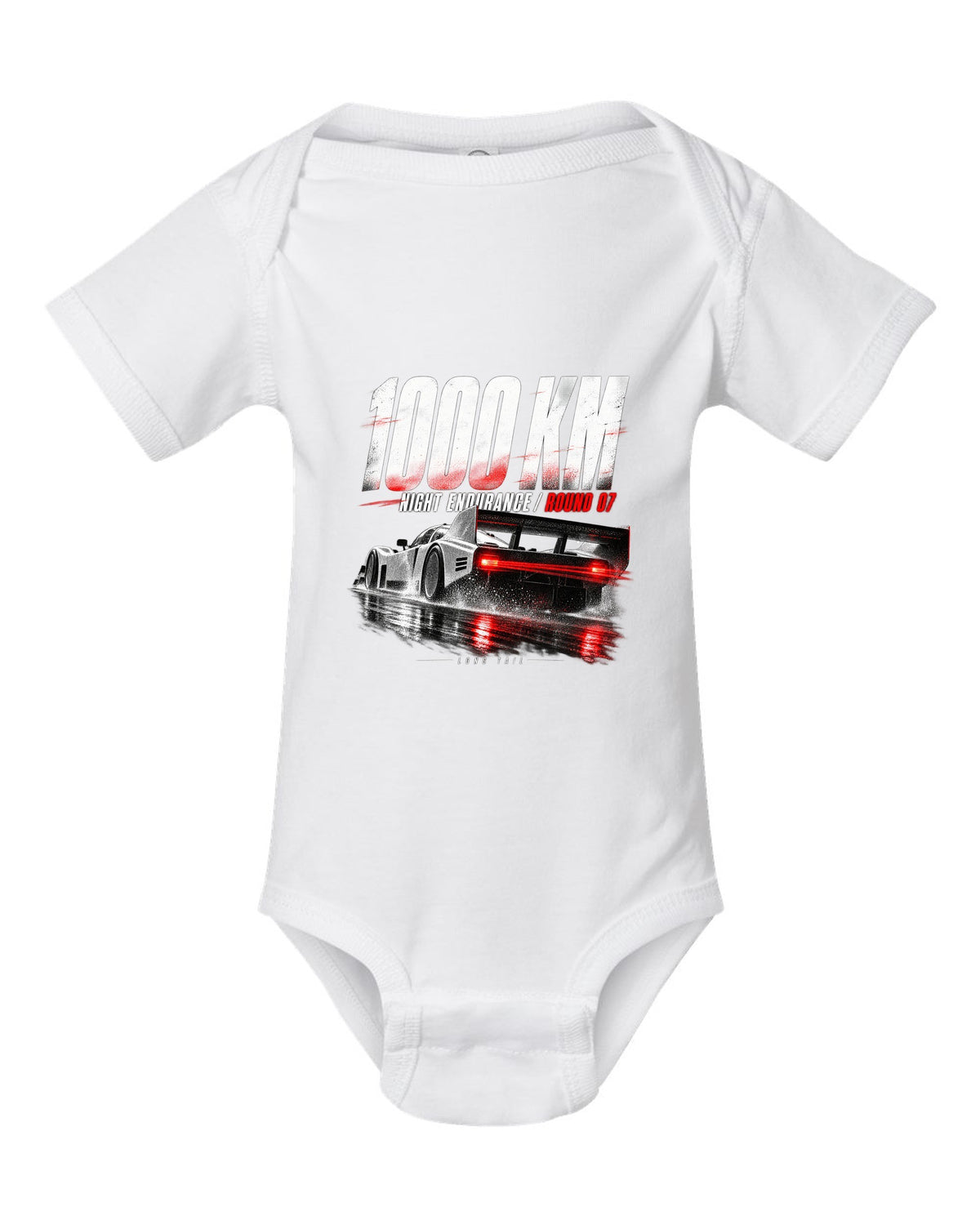 Porsche 962 Group C night endurance race poster print white baby onesie front view with the design