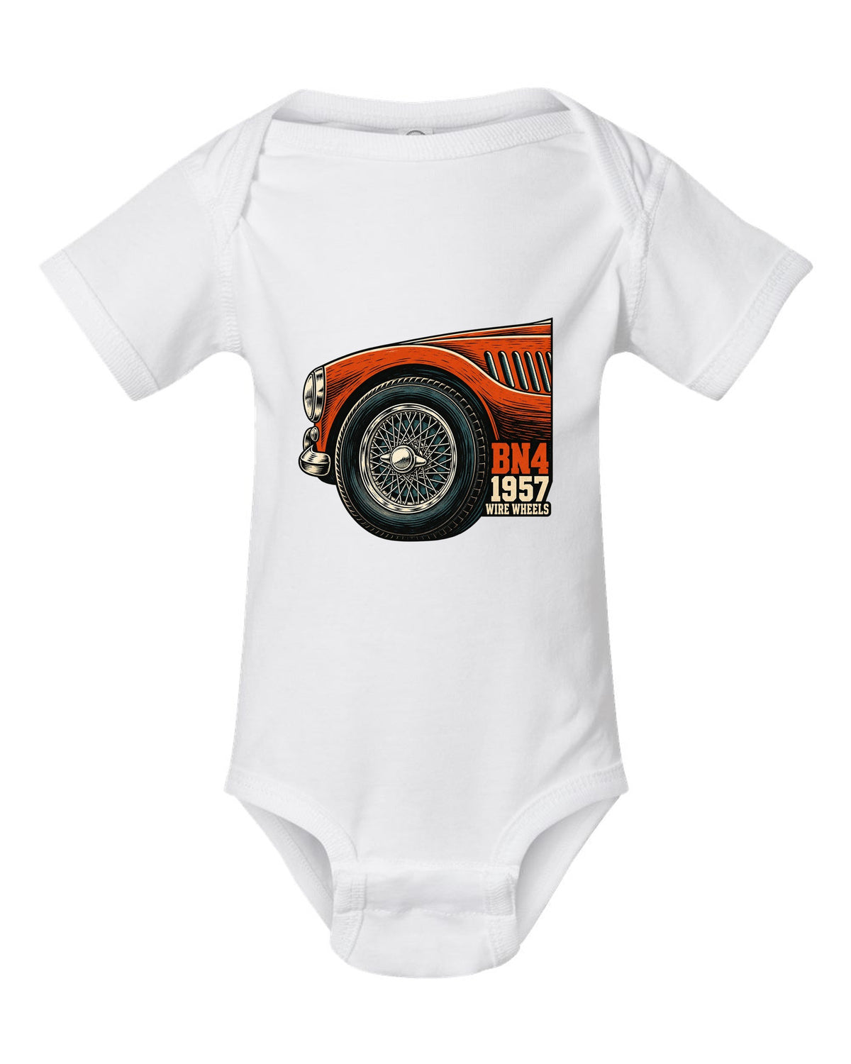 Linocut close-up of a wire wheel on a 1957 Austin-Healey 100-Six BN4 white baby onesie front view with the design