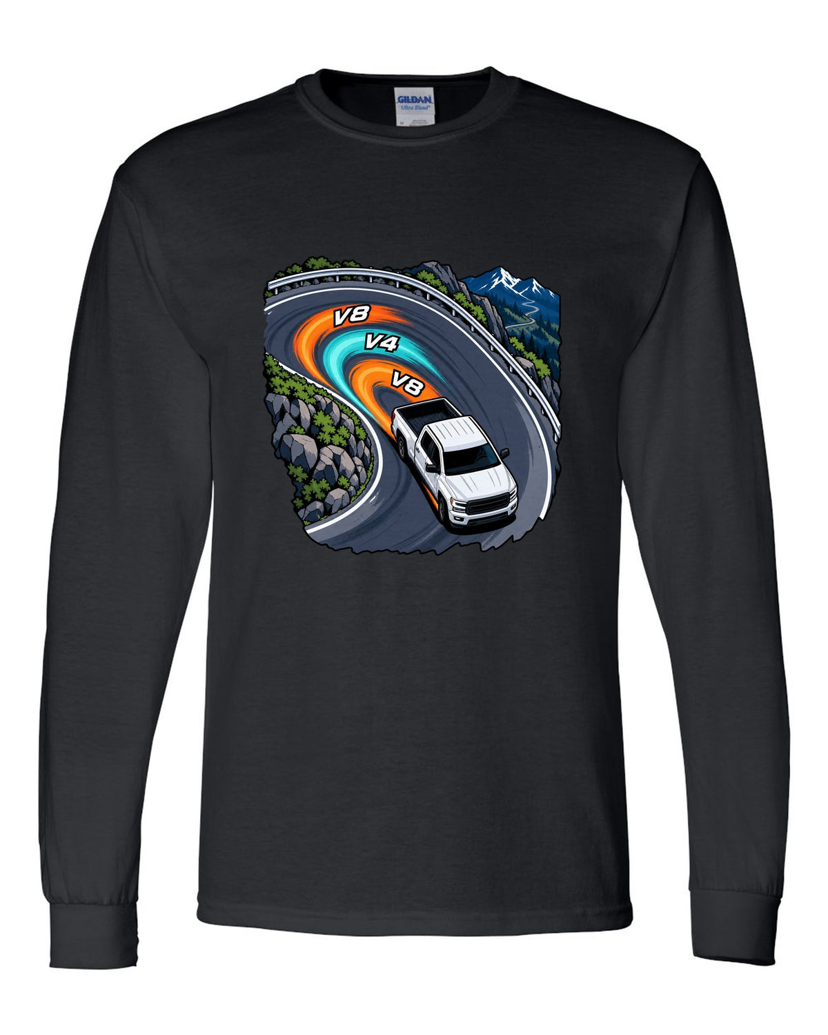 Cel-shaded anime night touge print of a 2007-2013 Chevrolet Silverado GMT900 with V8 V4 V8 text black long sleeve front view with the design