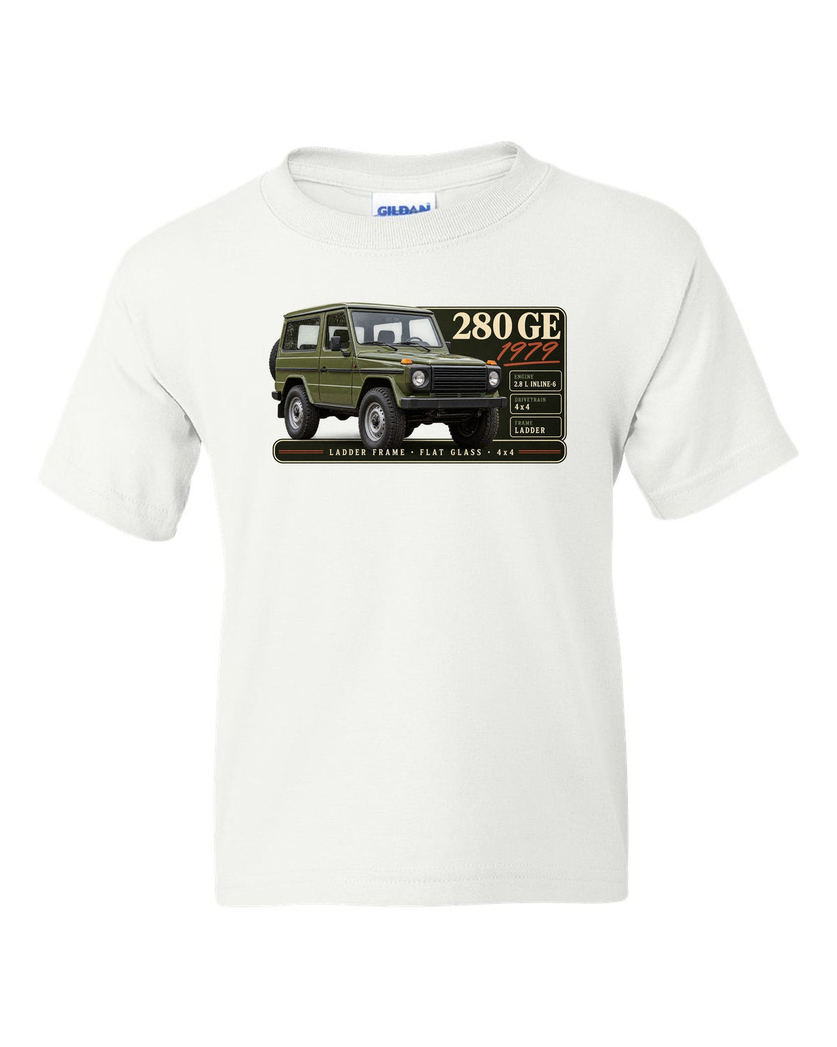 Archive panel print of a 1979 Mercedes 280 GE W460 with ladder frame, flat glass and 4x4 lettering white kids tee front view with the design