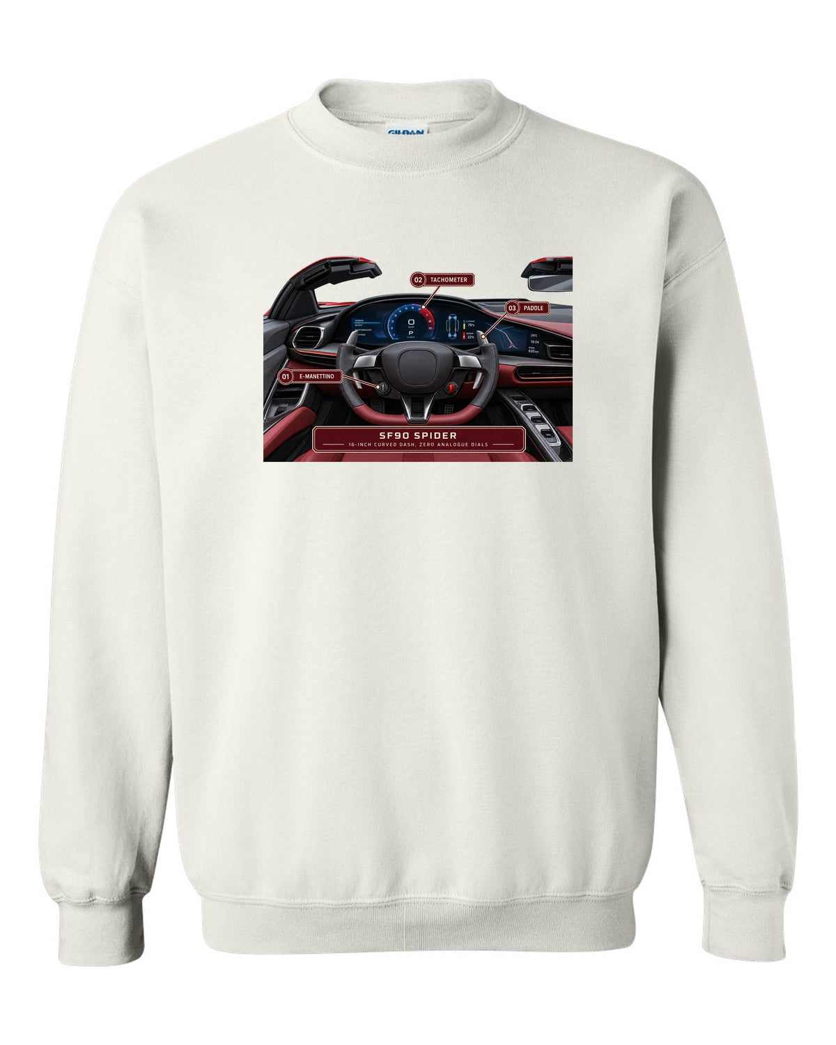 Ferrari SF90 Spider cockpit gauge print with 16-inch curved dash text white crewneck front view with the design