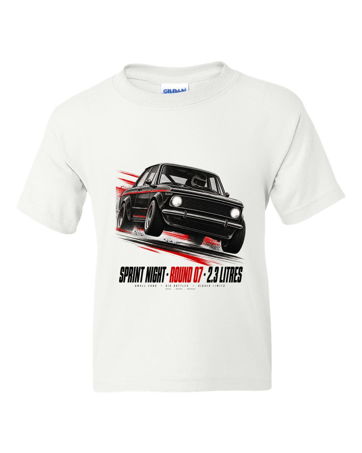 BMW E30 M3 race poster print titled Sprint Night Round 07 with 2.3 litres text white kids tee front view with the design